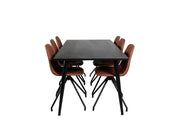 Venture Home Dipp spisebord - 180*90cm - Black Veneer / all black legs - Polar Spisebordsstol with Spin function - black Legs - Brown PU - White Stitches 6