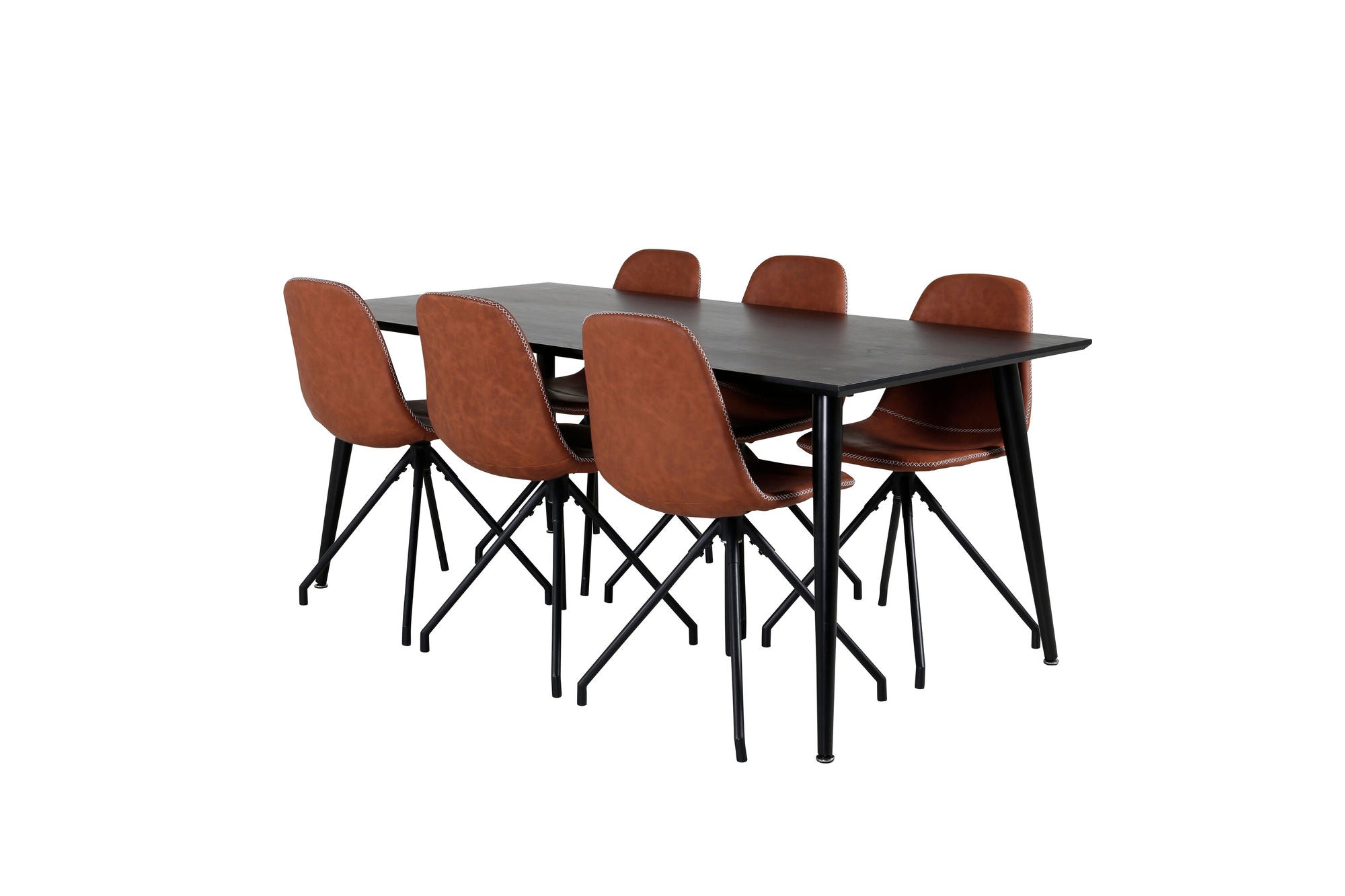 Venture Home Dipp spisebord - 180*90cm - Black Veneer / all black legs - Polar Spisebordsstol with Spin function - black Legs - Brown PU - White Stitches 6