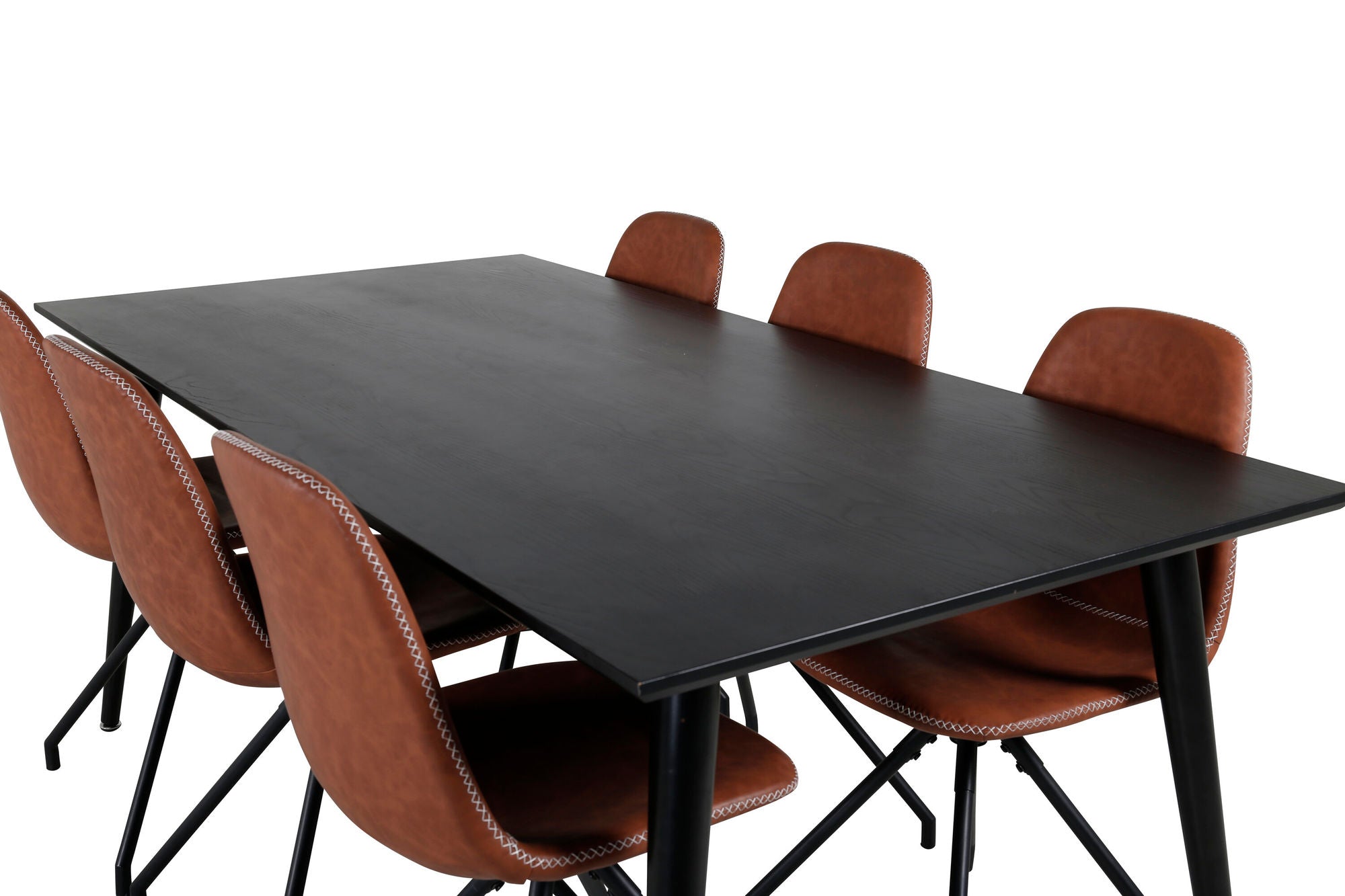 Venture Home Dipp spisebord - 180*90cm - Black Veneer / all black legs - Polar Spisebordsstol with Spin function - black Legs - Brown PU - White Stitches 6