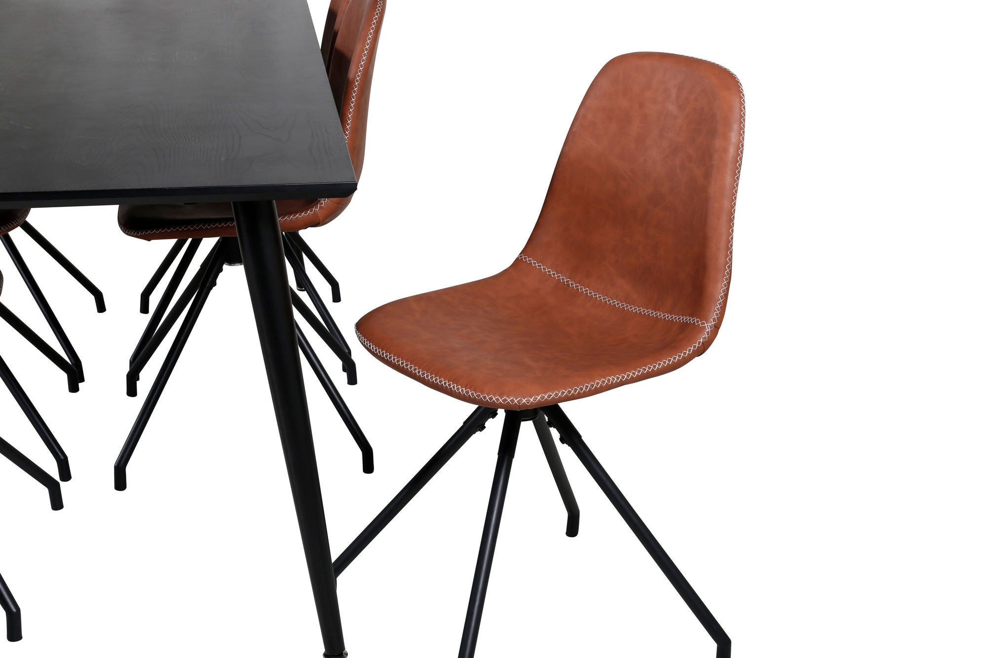 Venture Home Dipp spisebord - 180*90cm - Black Veneer / all black legs - Polar Spisebordsstol with Spin function - black Legs - Brown PU - White Stitches 6