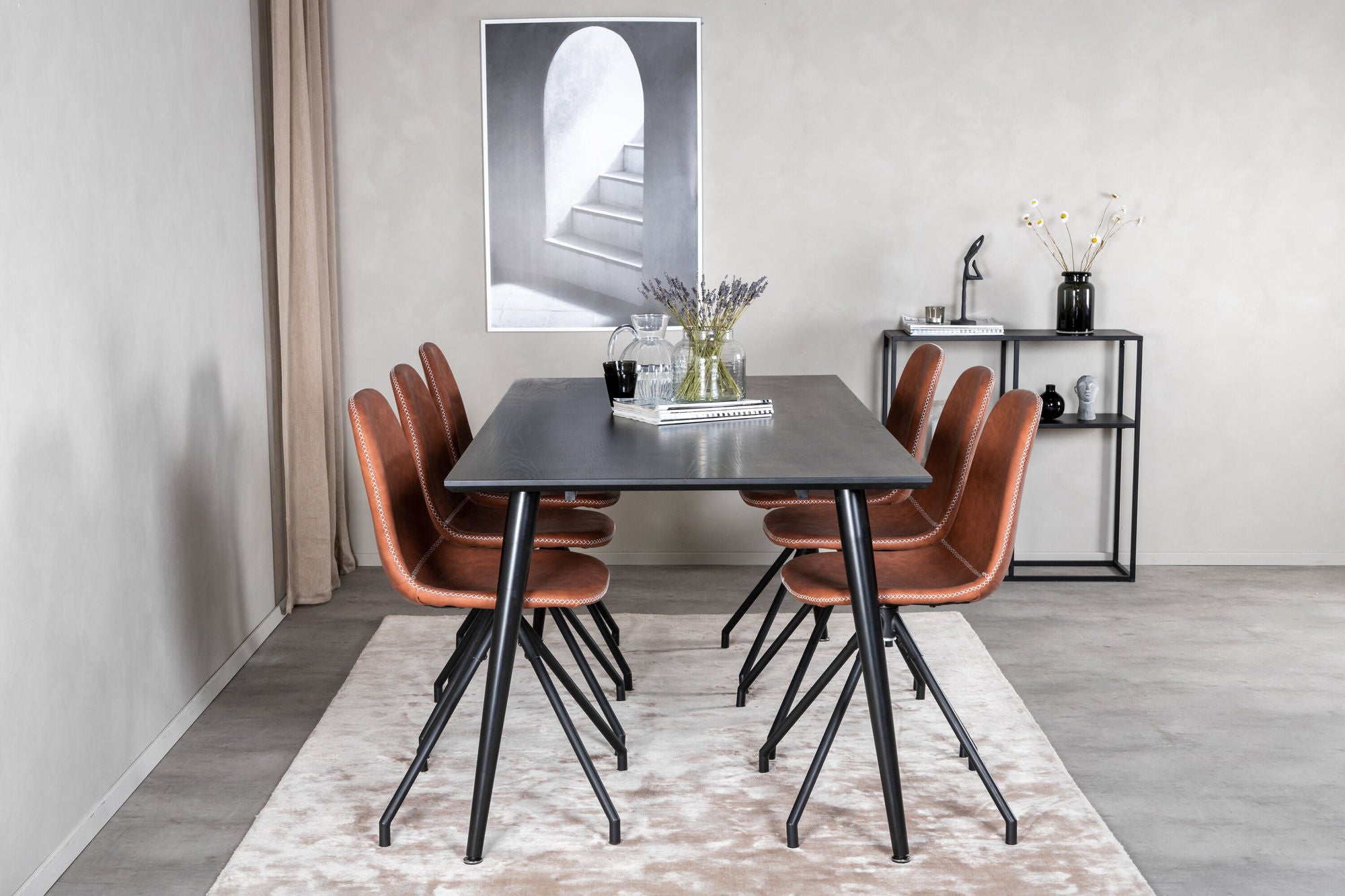 Venture Home Dipp spisebord - 180*90cm - Black Veneer / all black legs - Polar Spisebordsstol with Spin function - black Legs - Brown PU - White Stitches 6