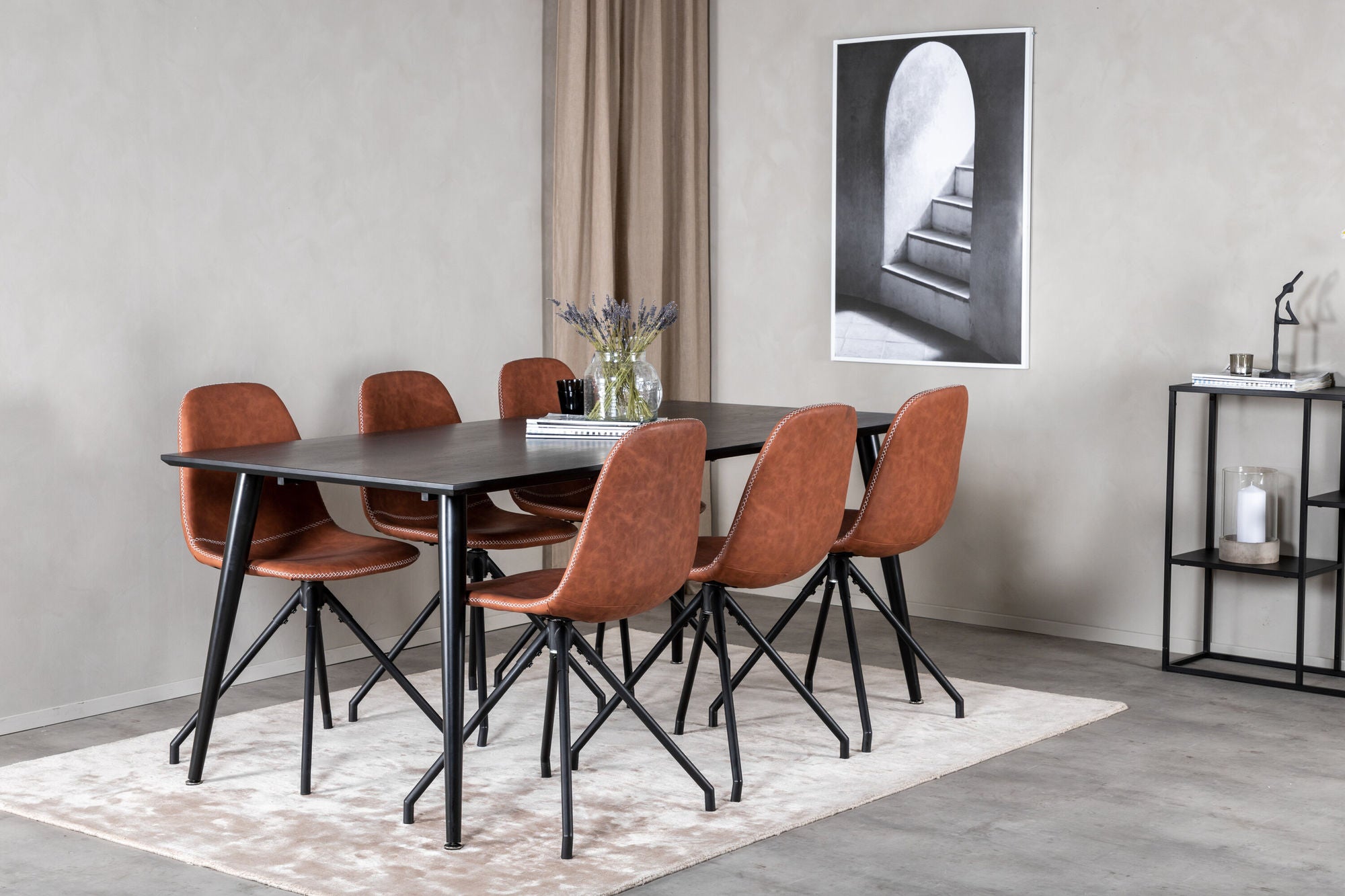 Venture Home Dipp spisebord - 180*90cm - Black Veneer / all black legs - Polar Spisebordsstol with Spin function - black Legs - Brown PU - White Stitches 6