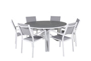 Venture Home Copacabana spisebord ø140 - White Alu / Sprayglass+Copacabana Arm stol (stackable) - White Alu / Grey Textilene_6