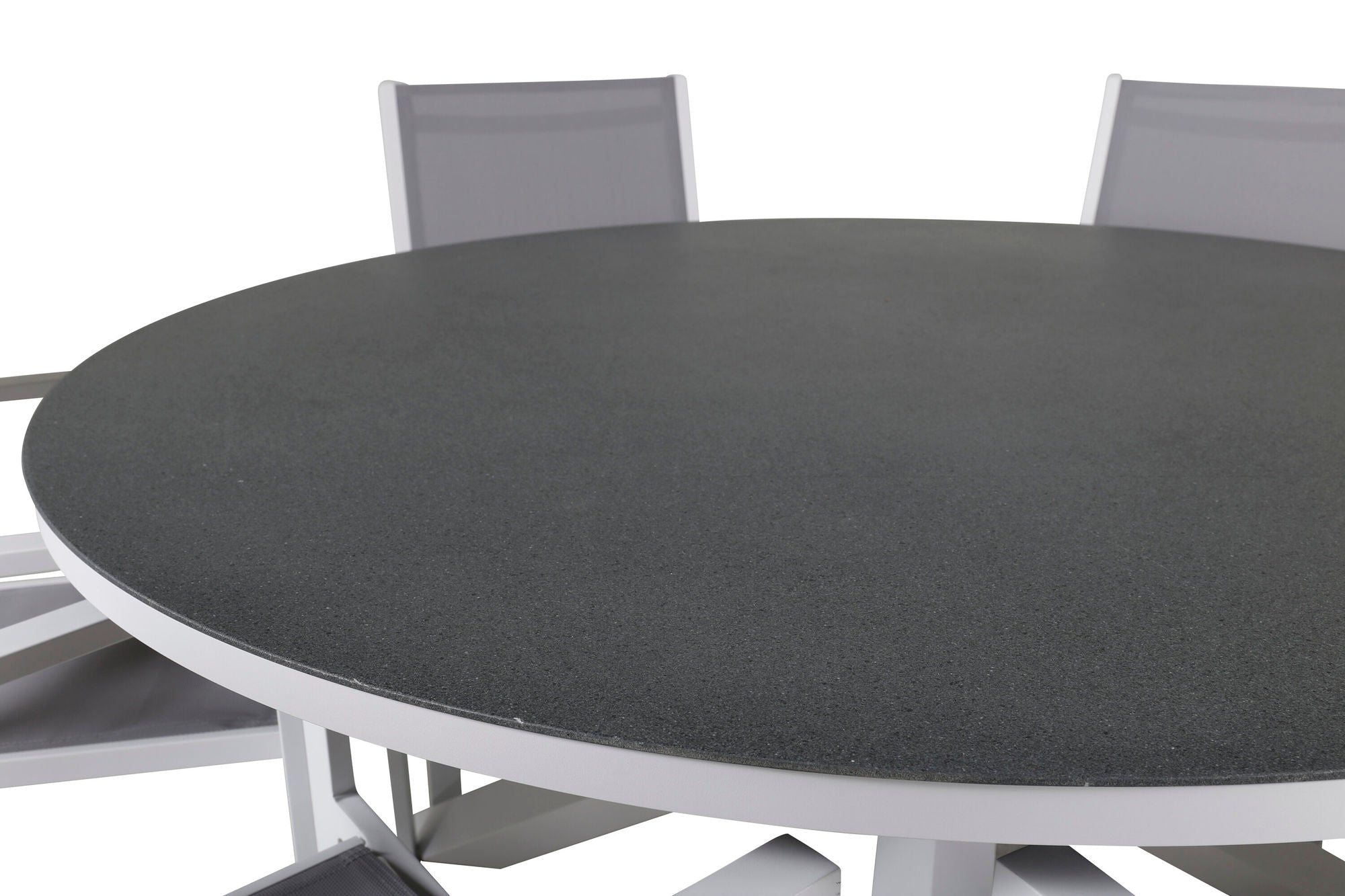 Venture Home Copacabana spisebord ø140 - White Alu / Sprayglass+Copacabana Arm stol (stackable) - White Alu / Grey Textilene_6