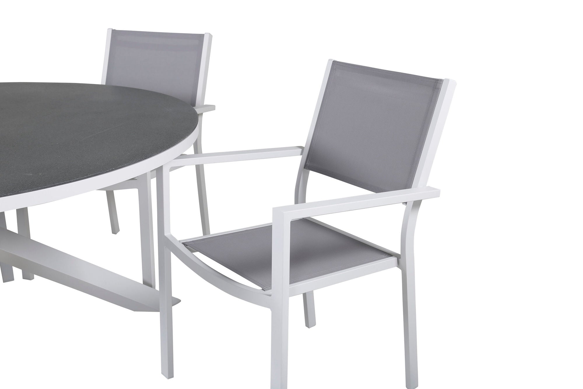 Venture Home Copacabana spisebord ø140 - White Alu / Sprayglass+Copacabana Arm stol (stackable) - White Alu / Grey Textilene_6