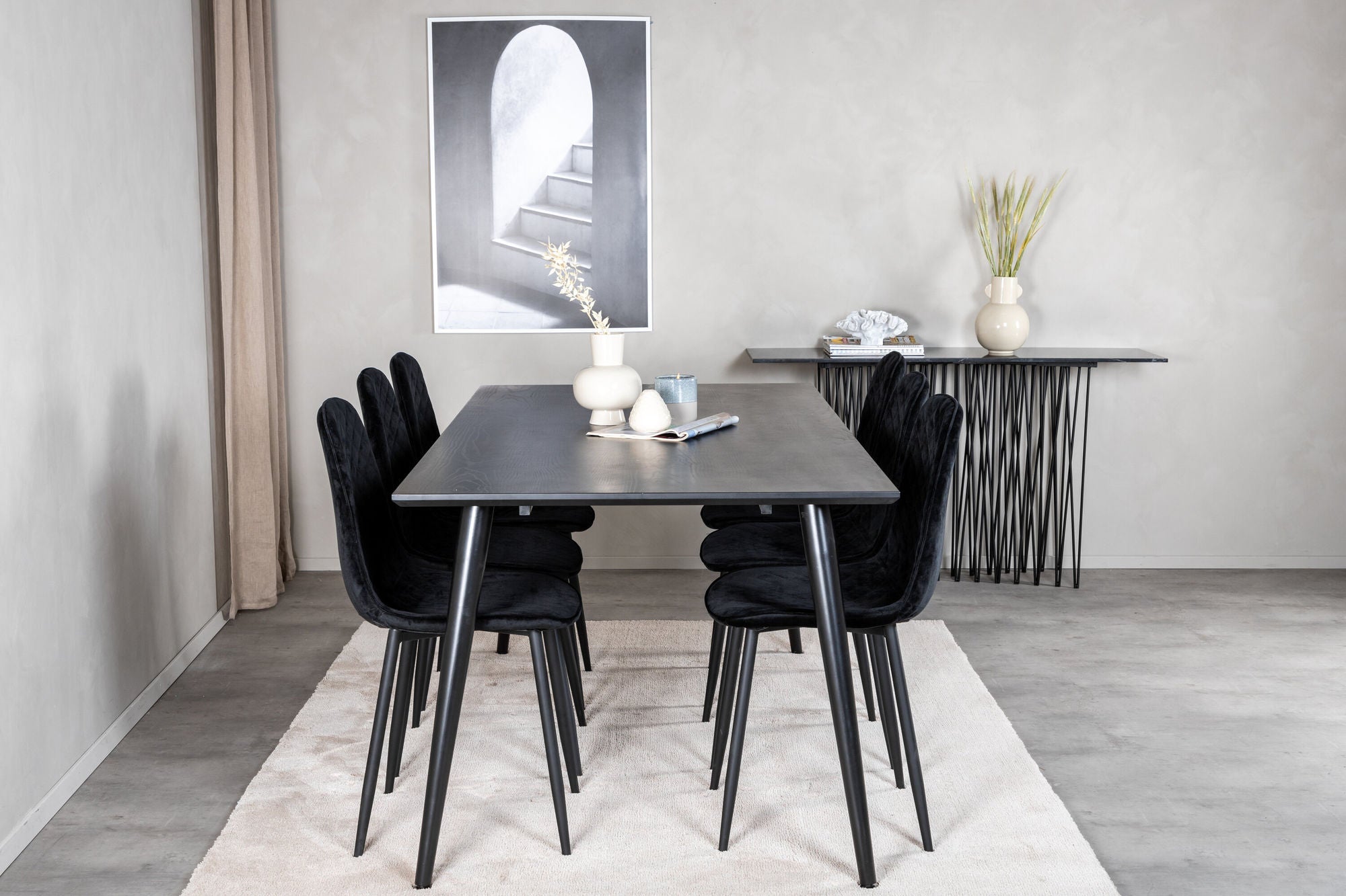 Venture Home Dipp spisebord - 180*90cm - Black Veneer / all black legs +Polar Diamond Spisebordsstol - Black Legs - Black Velvet_6