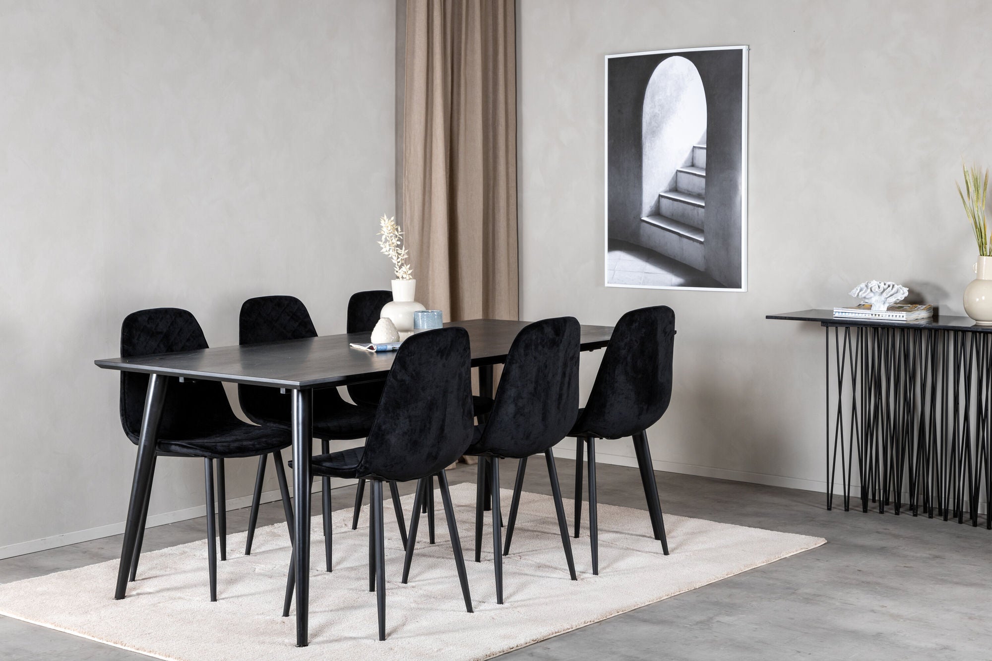 Venture Home Dipp spisebord - 180*90cm - Black Veneer / all black legs +Polar Diamond Spisebordsstol - Black Legs - Black Velvet_6