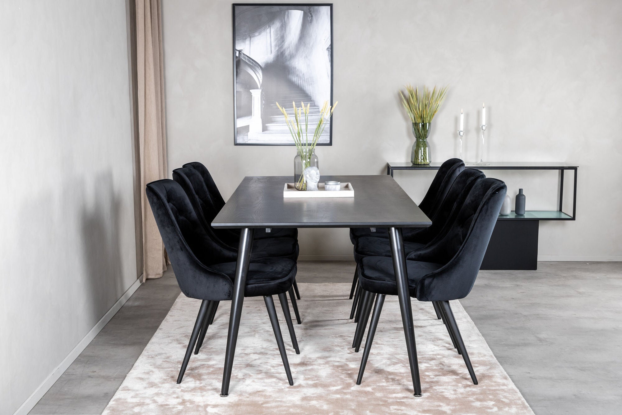 Venture Home Dipp spisebord - 180*90cm - Black Veneer / all black legs +Velvet Deluxe Spisebordsstol - Black / Black_6