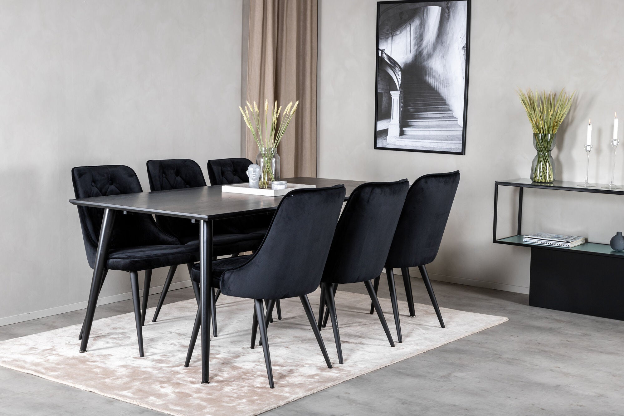 Venture Home Dipp spisebord - 180*90cm - Black Veneer / all black legs +Velvet Deluxe Spisebordsstol - Black / Black_6