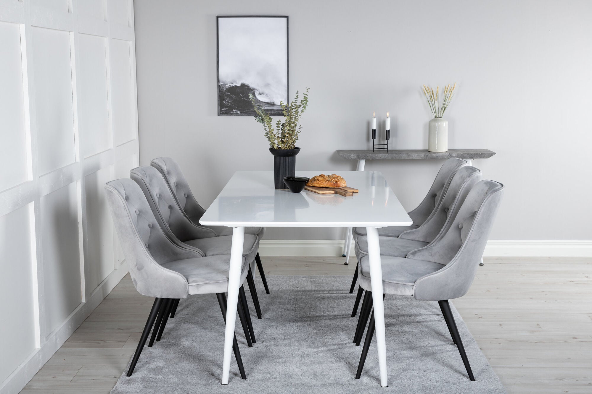 Venture Home Polar spisebord 180 cm - White top / White Legs+Velvet Deluxe Spisebordsstol - Light Grey / Black_6