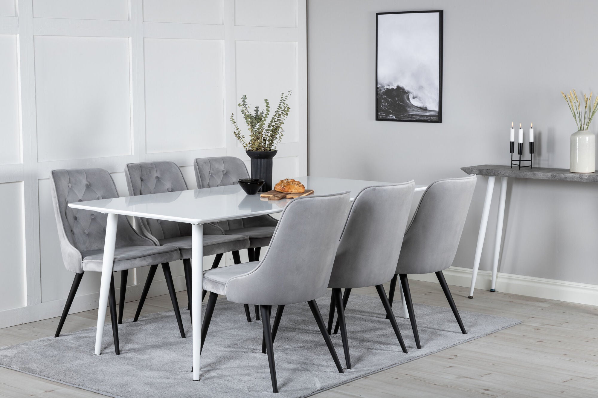 Venture Home Polar spisebord 180 cm - White top / White Legs+Velvet Deluxe Spisebordsstol - Light Grey / Black_6
