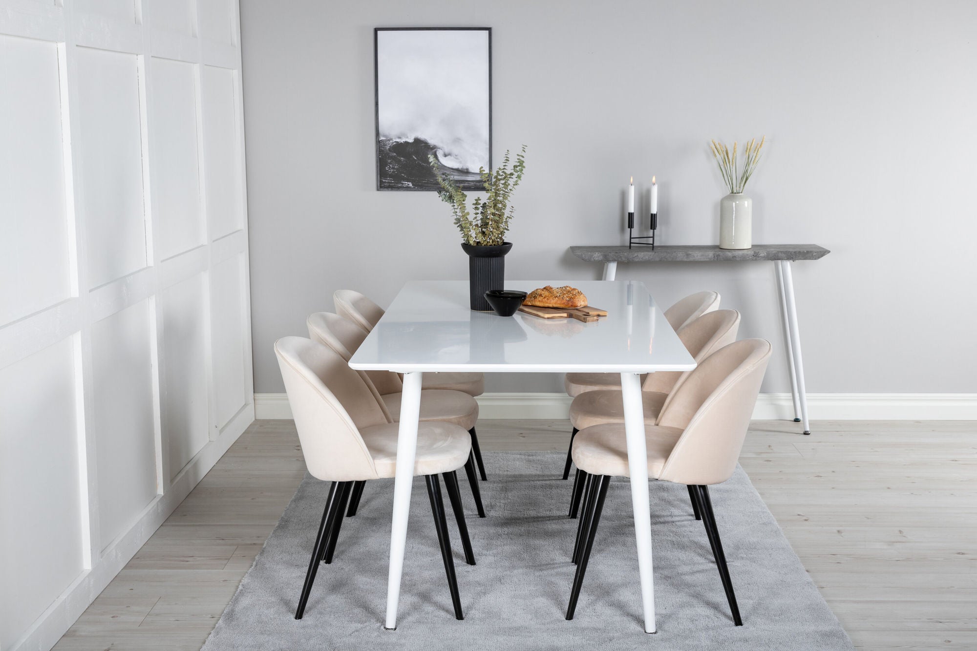 Venture Home Polar spisebord 180 cm - White top / White Legs+Velvet Spisebordsstol - Beige / Black_6