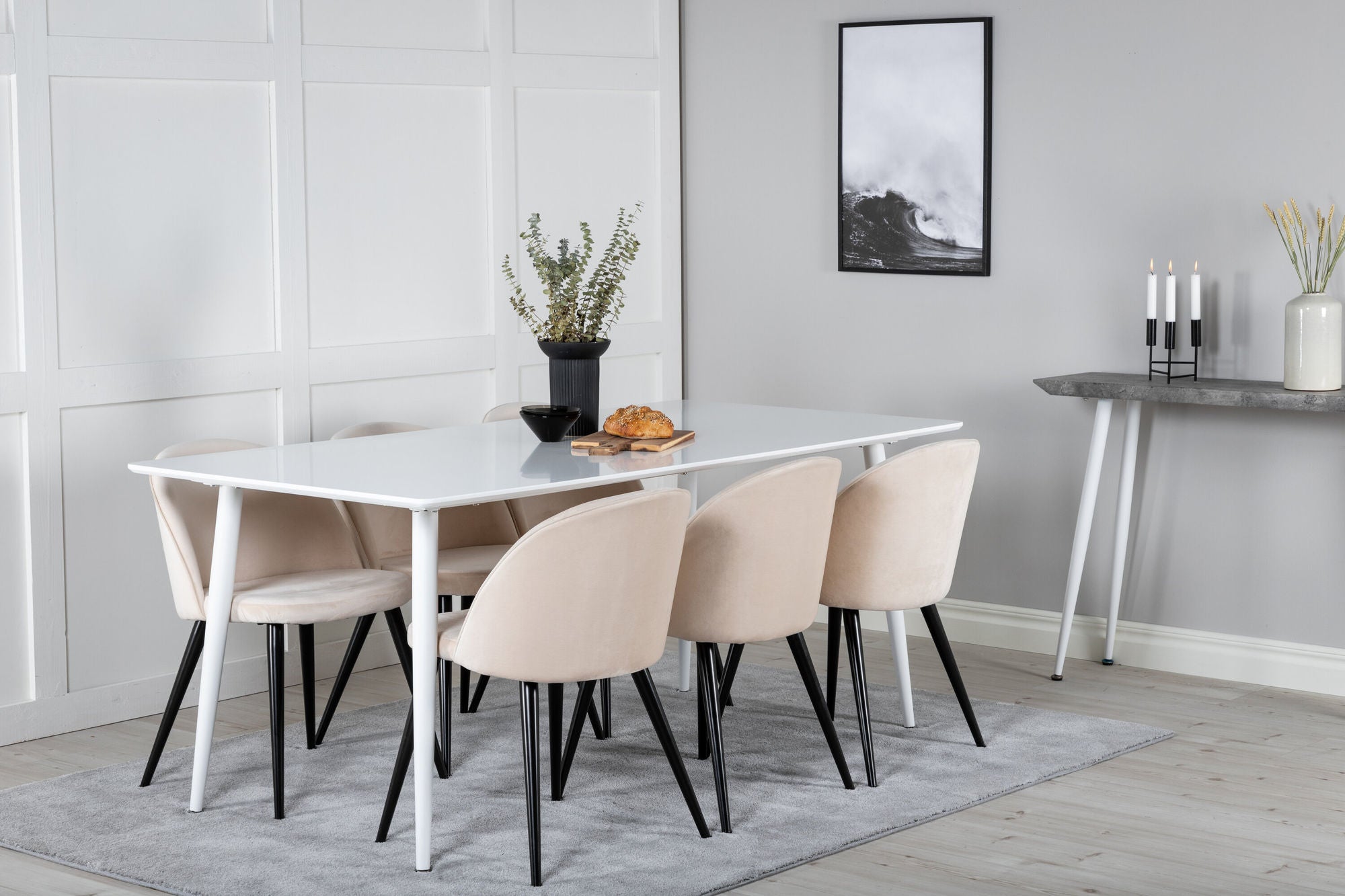 Venture Home Polar spisebord 180 cm - White top / White Legs+Velvet Spisebordsstol - Beige / Black_6