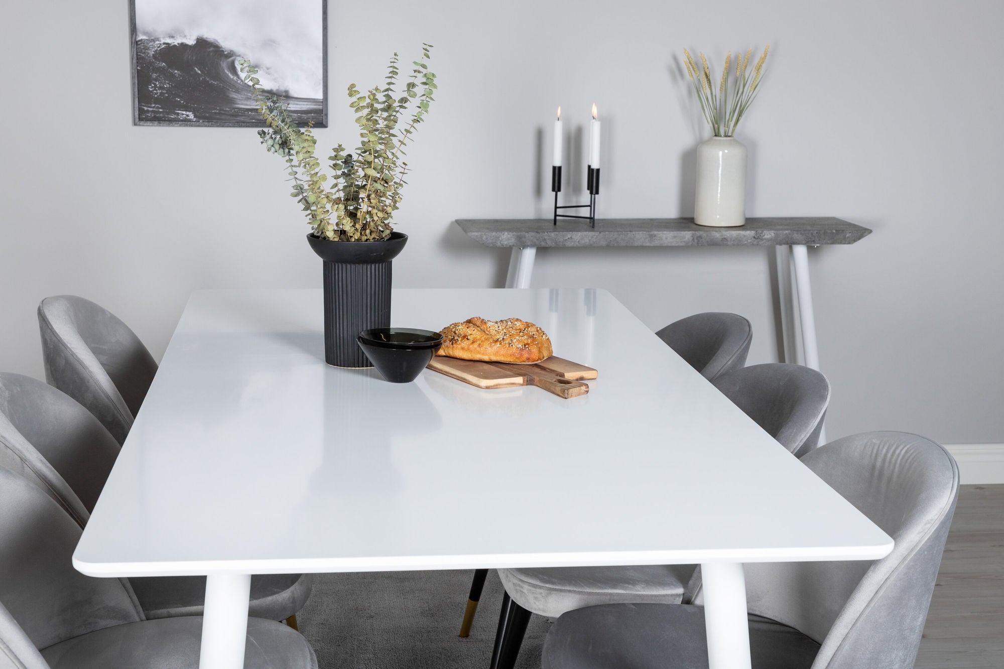 Venture Home Polar spisebord 180 cm - White top / White Legs+Velvet Spisebordsstol Brass - Light Grey / Black_6