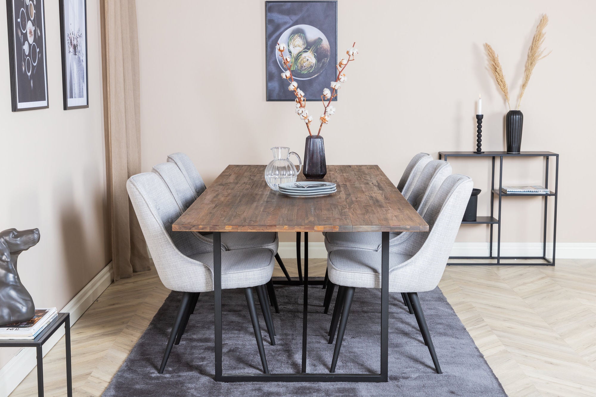 Venture Home Padang spisebord - 250*100*H76 - Dark Teak / Black+Velvet Deluxe Spisebordsstol - Black Legs - Light Grey Fabric_6