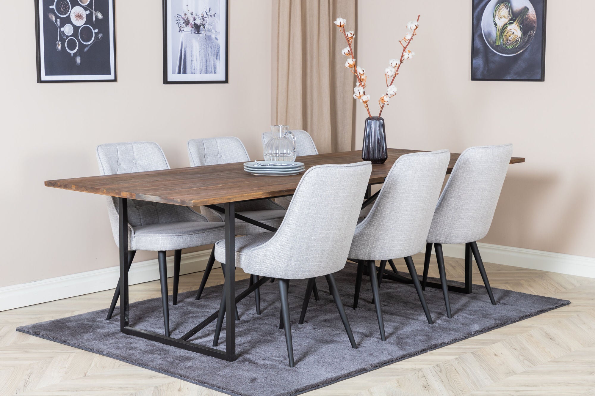 Venture Home Padang spisebord - 250*100*H76 - Dark Teak / Black+Velvet Deluxe Spisebordsstol - Black Legs - Light Grey Fabric_6