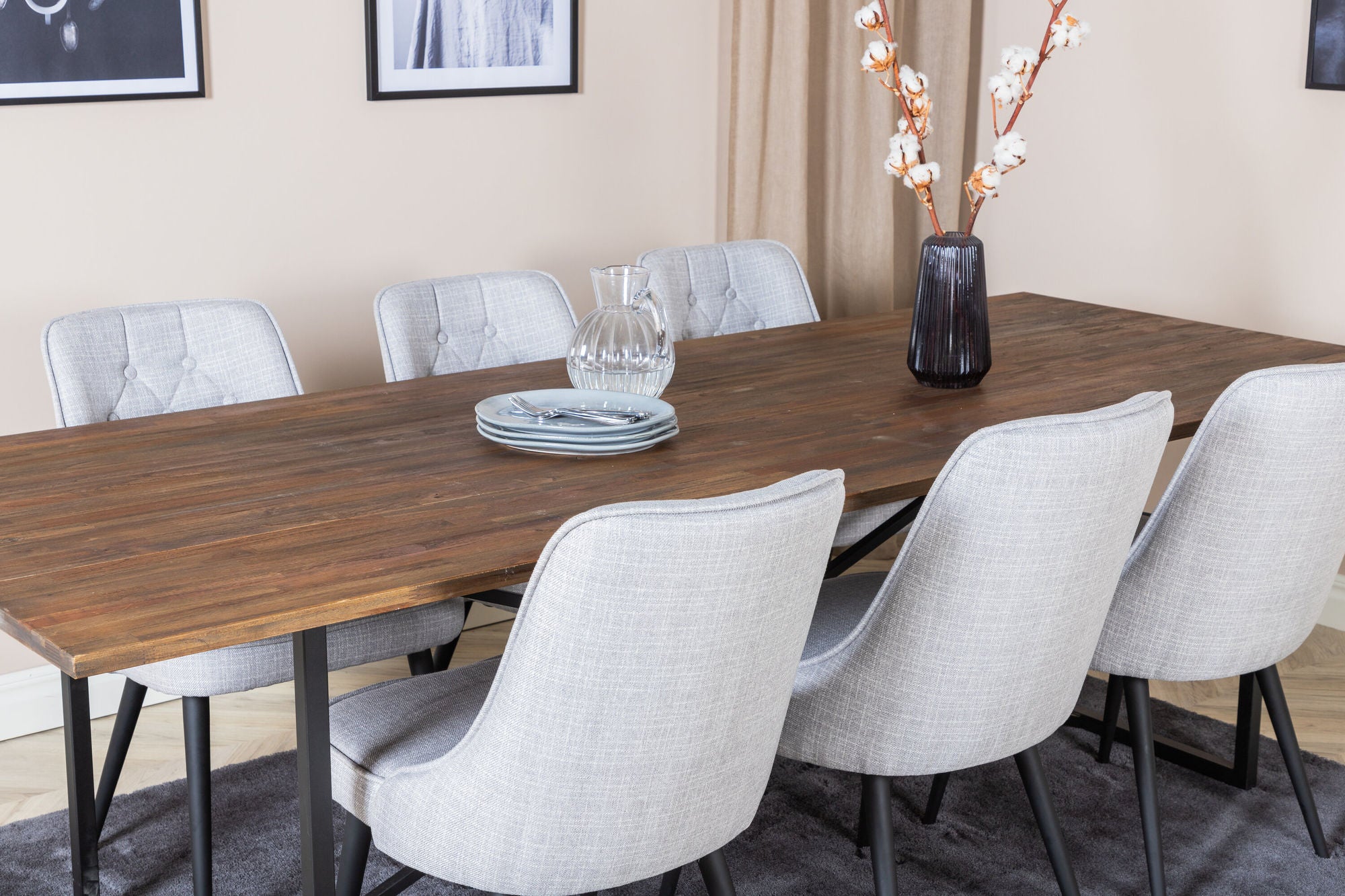 Venture Home Padang spisebord - 250*100*H76 - Dark Teak / Black+Velvet Deluxe Spisebordsstol - Black Legs - Light Grey Fabric_6