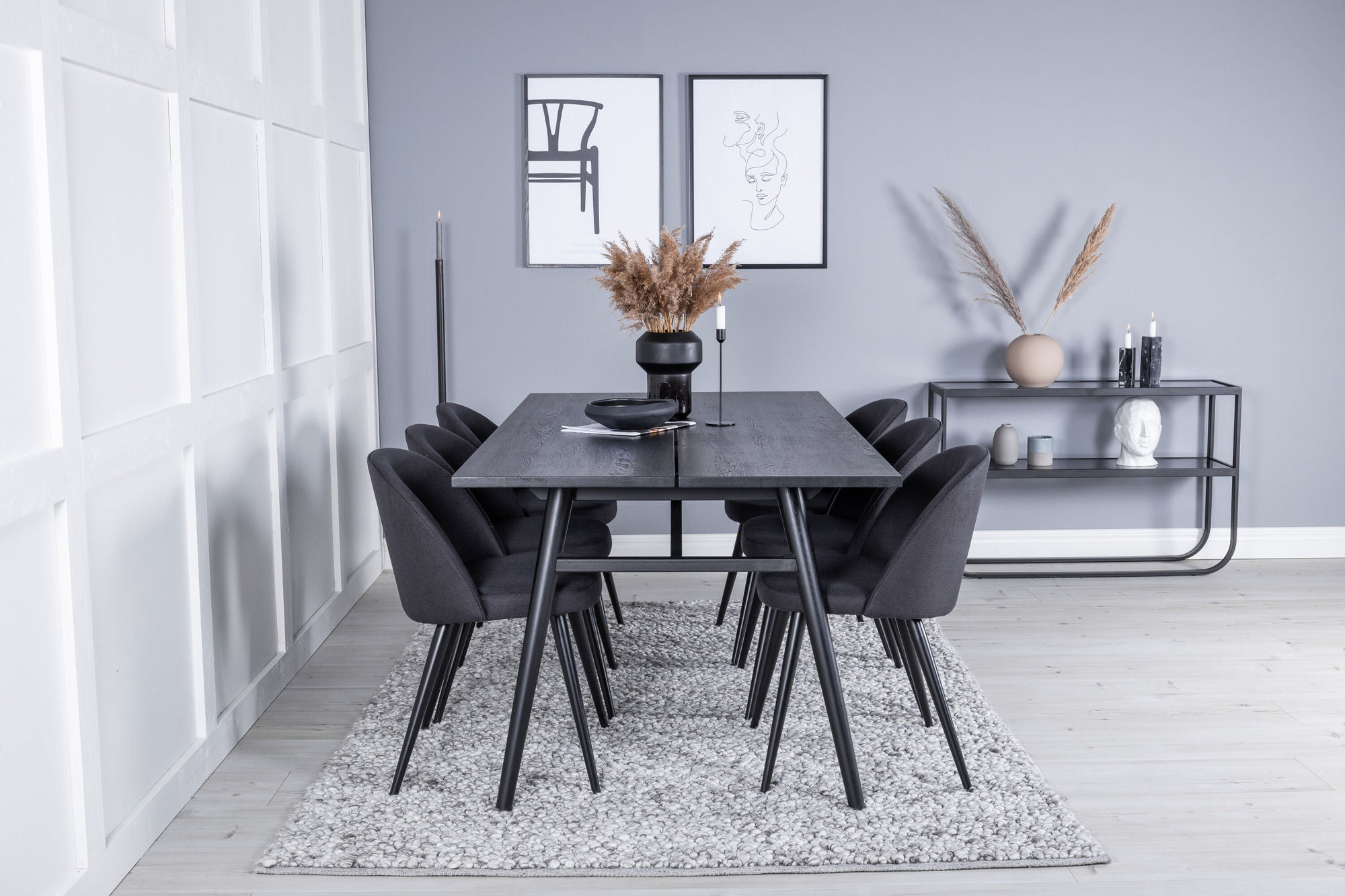 Venture Home Sleek Extentionbord Black Brushed - 195*95+Velvet Dining Chiar - Black legs- Black Fabric_6