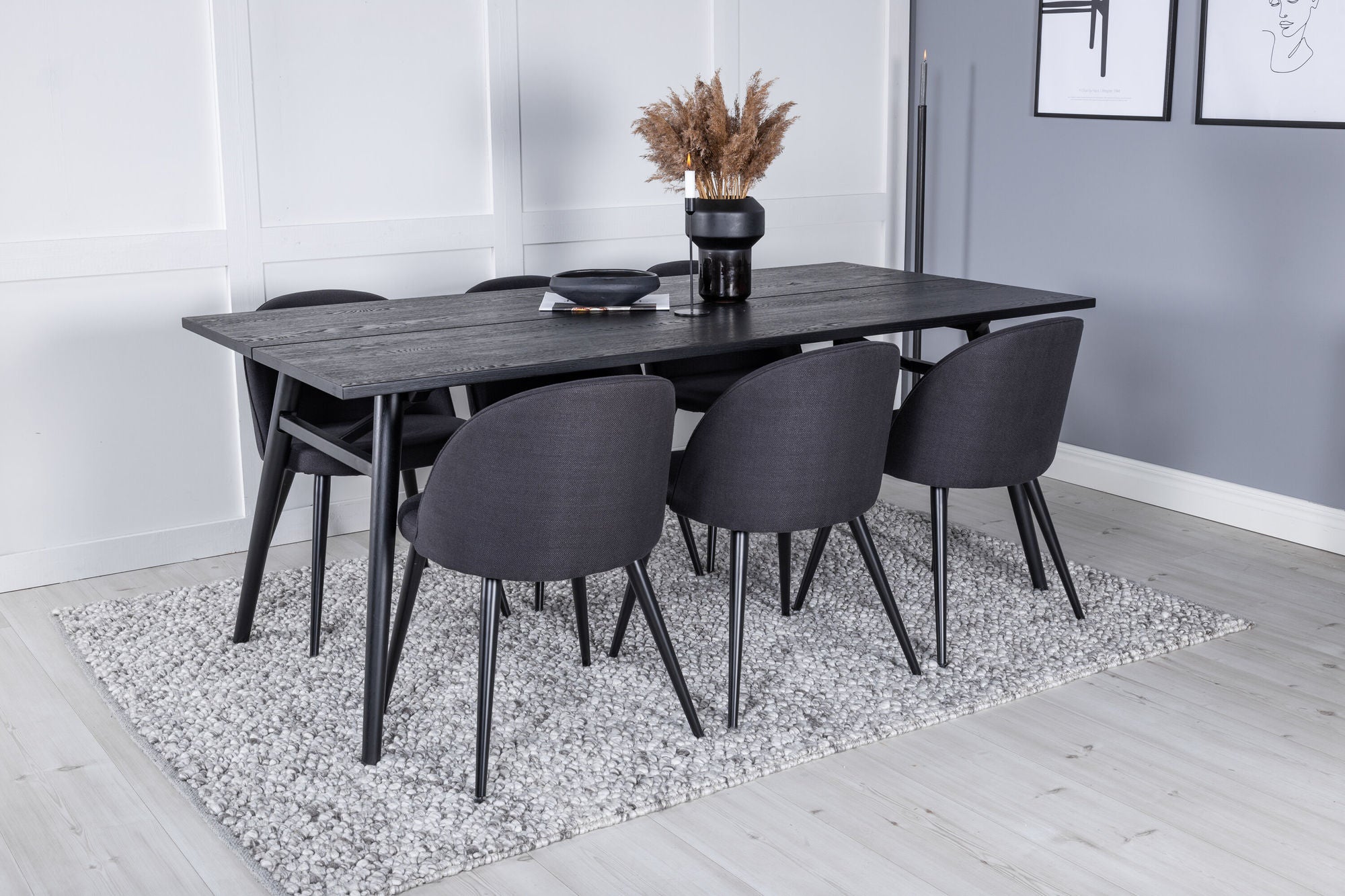 Venture Home Sleek Extentionbord Black Brushed - 195*95+Velvet Dining Chiar - Black legs- Black Fabric_6
