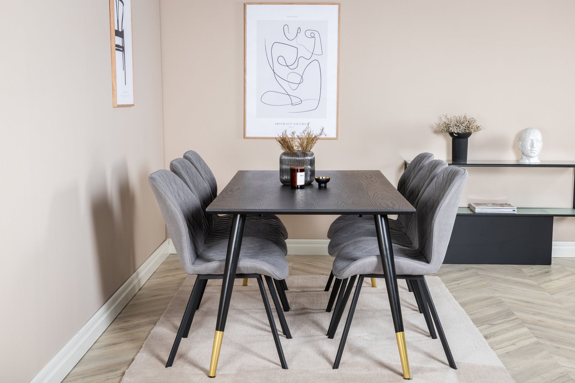 Venture Home Dipp spisebord - 180*90cm - Black / Black Brass+Gemma Spisebordsstol - Black Legs - Grey Fabric_6