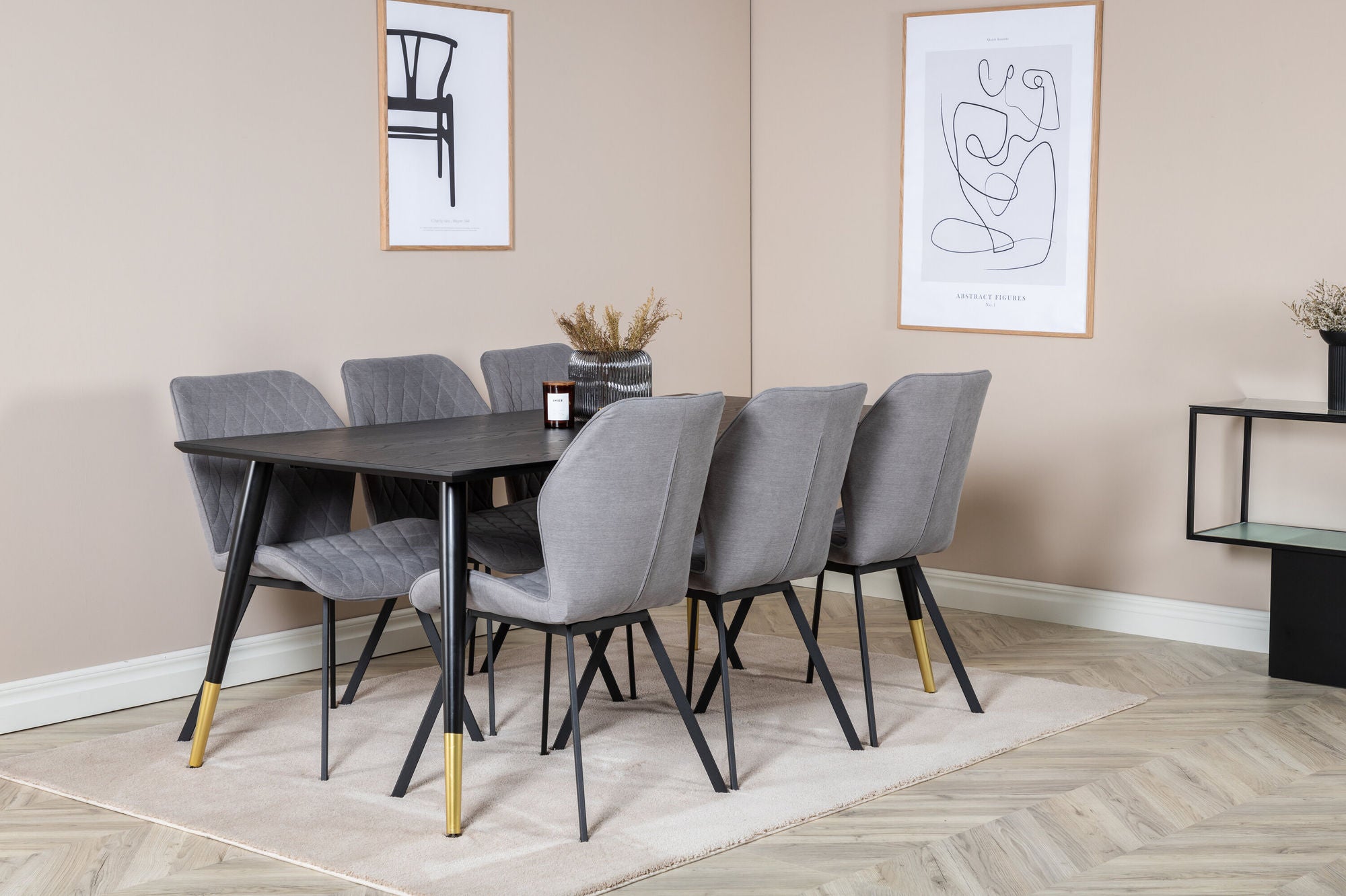 Venture Home Dipp spisebord - 180*90cm - Black / Black Brass+Gemma Spisebordsstol - Black Legs - Grey Fabric_6