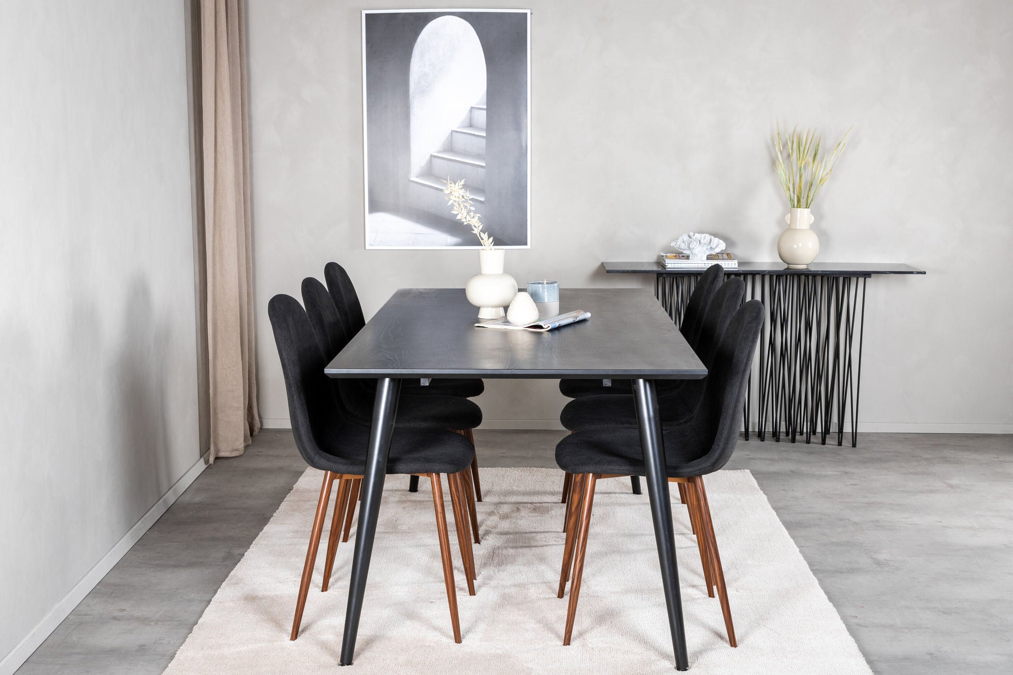 Venture Home Dipp spisebord - 180*90cm - Black Veneer / all black legs +Polar Spisebordsstol - Walnut Legs - Black Fabric_6