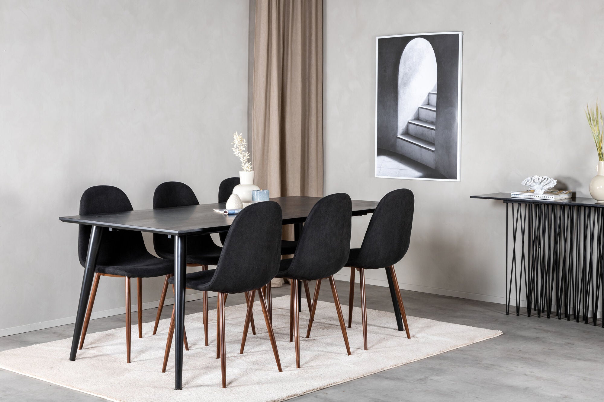 Venture Home Dipp spisebord - 180*90cm - Black Veneer / all black legs +Polar Spisebordsstol - Walnut Legs - Black Fabric_6