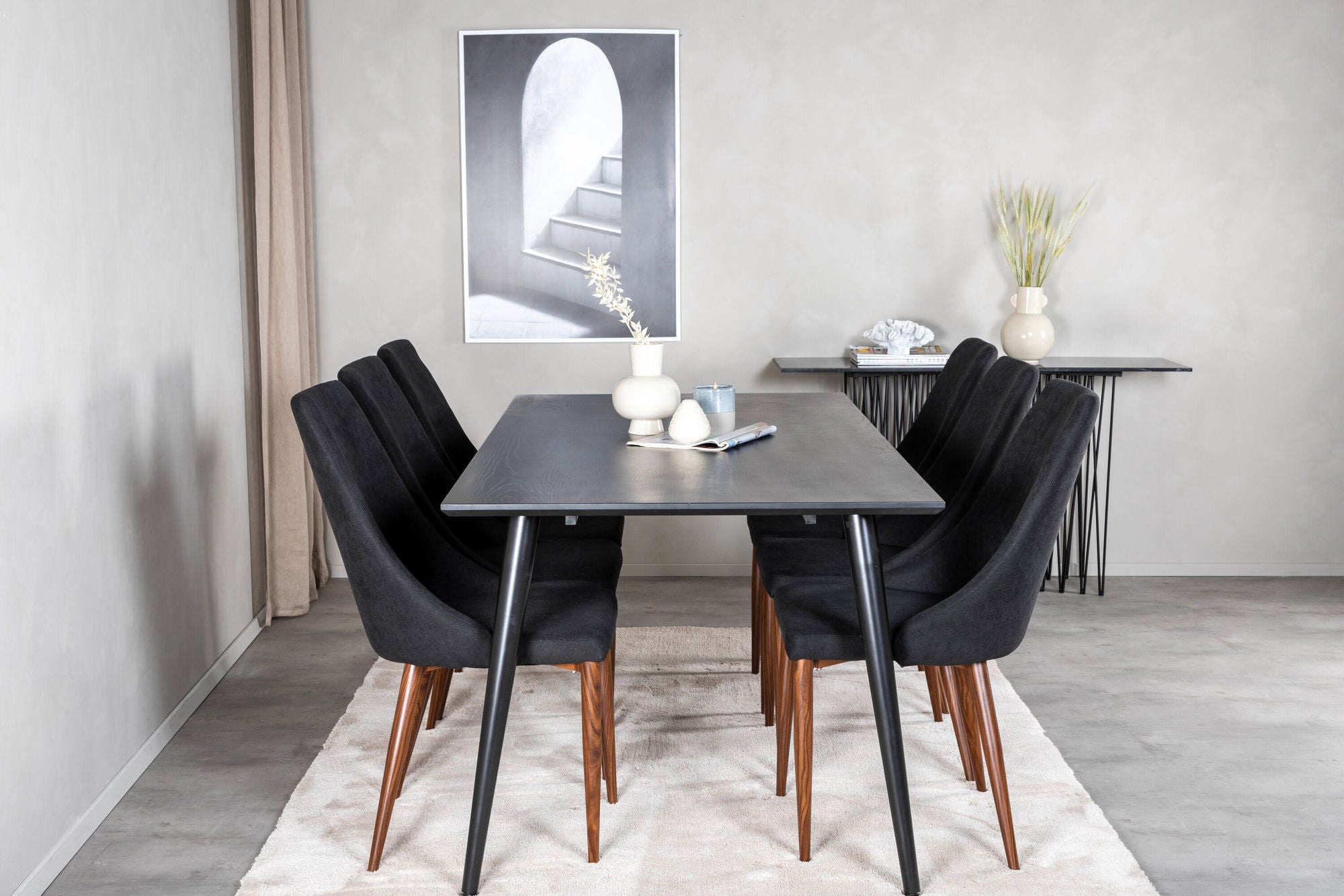 Venture Home Dipp spisebord - 180*90cm - Black Veneer / all black legs +Leone Spisebordsstol - Walnut legs - Black Fabric_6