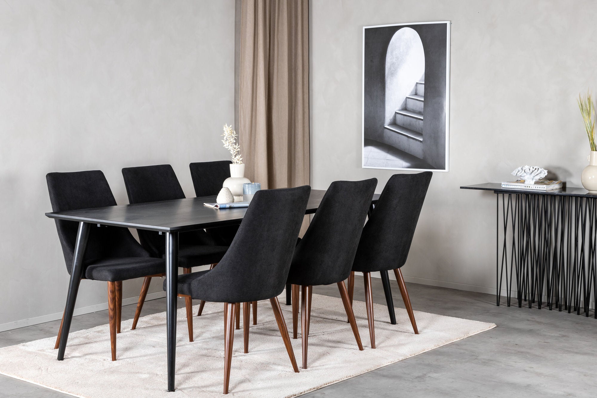 Venture Home Dipp spisebord - 180*90cm - Black Veneer / all black legs +Leone Spisebordsstol - Walnut legs - Black Fabric_6