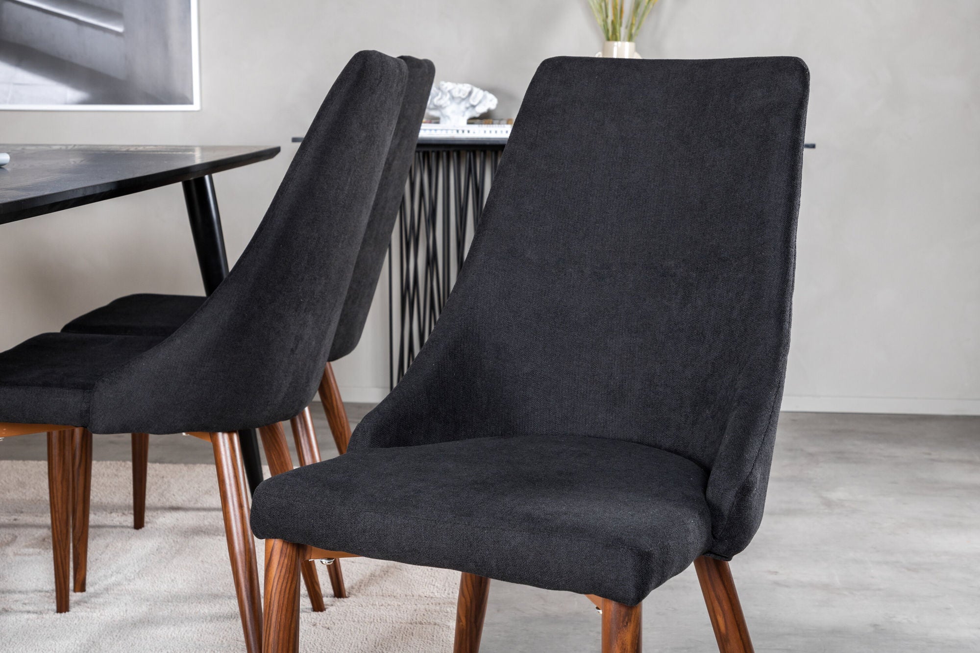 Venture Home Dipp spisebord - 180*90cm - Black Veneer / all black legs +Leone Spisebordsstol - Walnut legs - Black Fabric_6