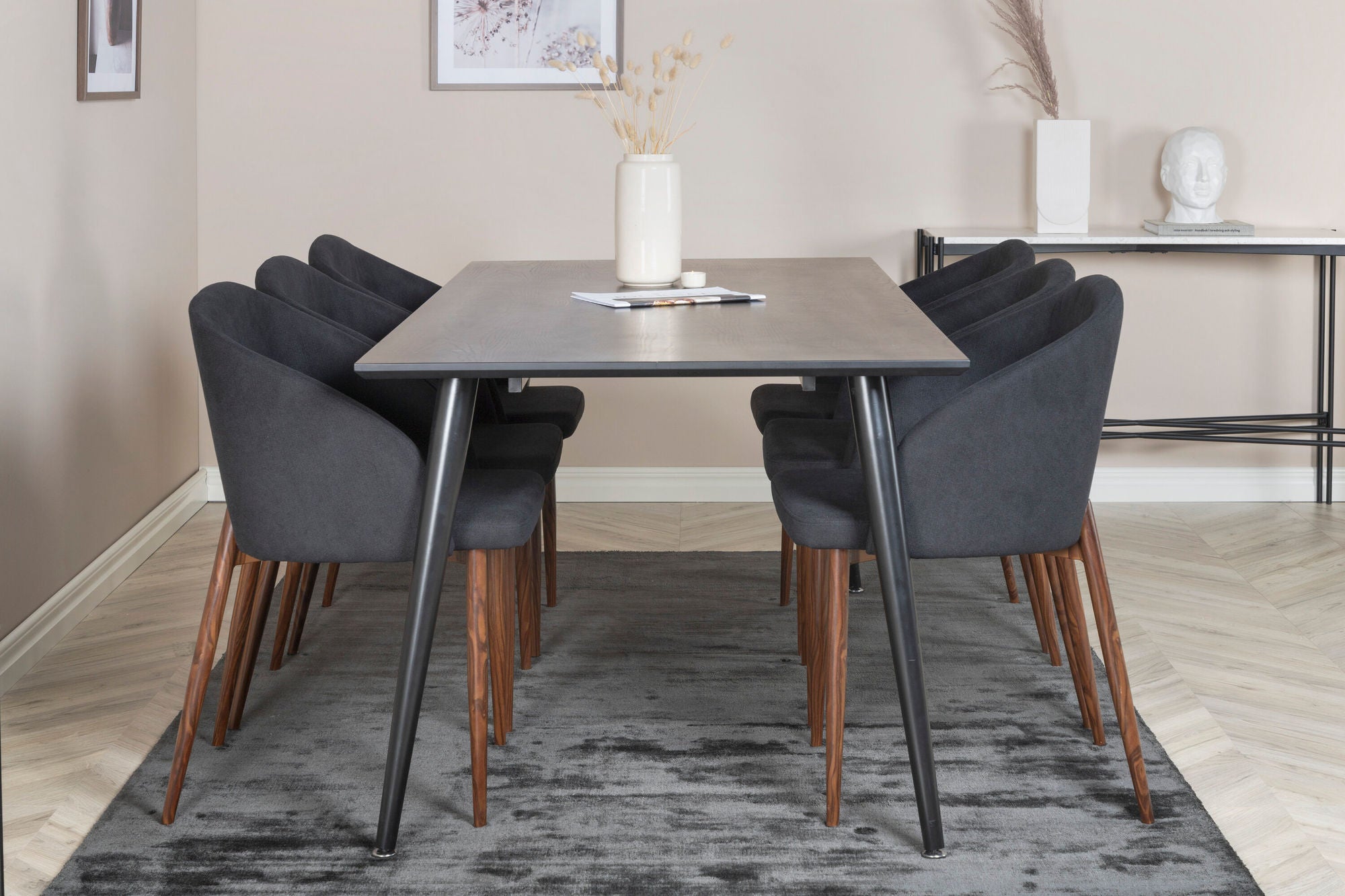 Venture Home Dipp spisebord - 180*90cm - Black Veneer / all black legs +Arch Spisebordsstol - Walnut Legs - Black Fabric_6