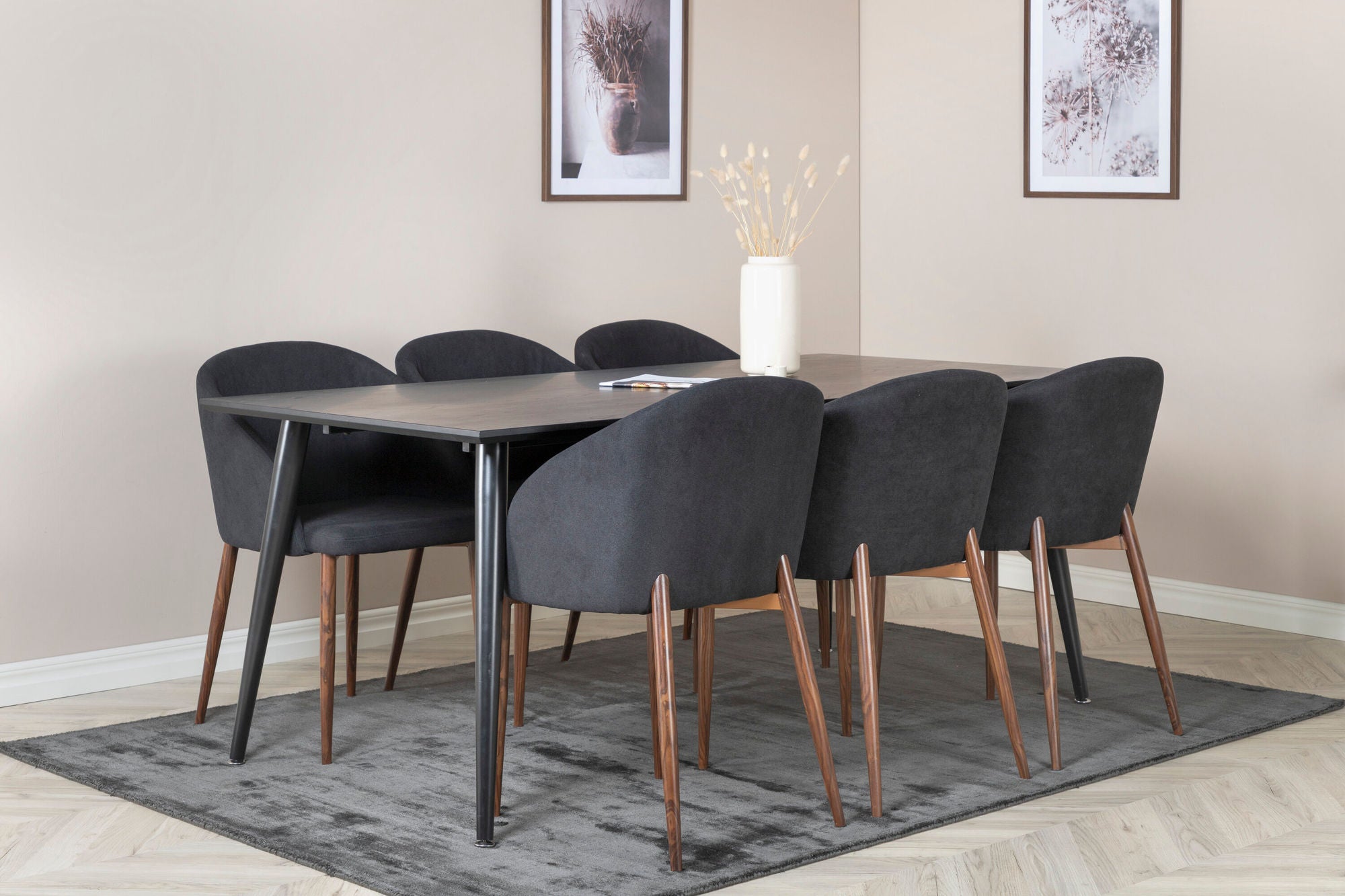 Venture Home Dipp spisebord - 180*90cm - Black Veneer / all black legs +Arch Spisebordsstol - Walnut Legs - Black Fabric_6