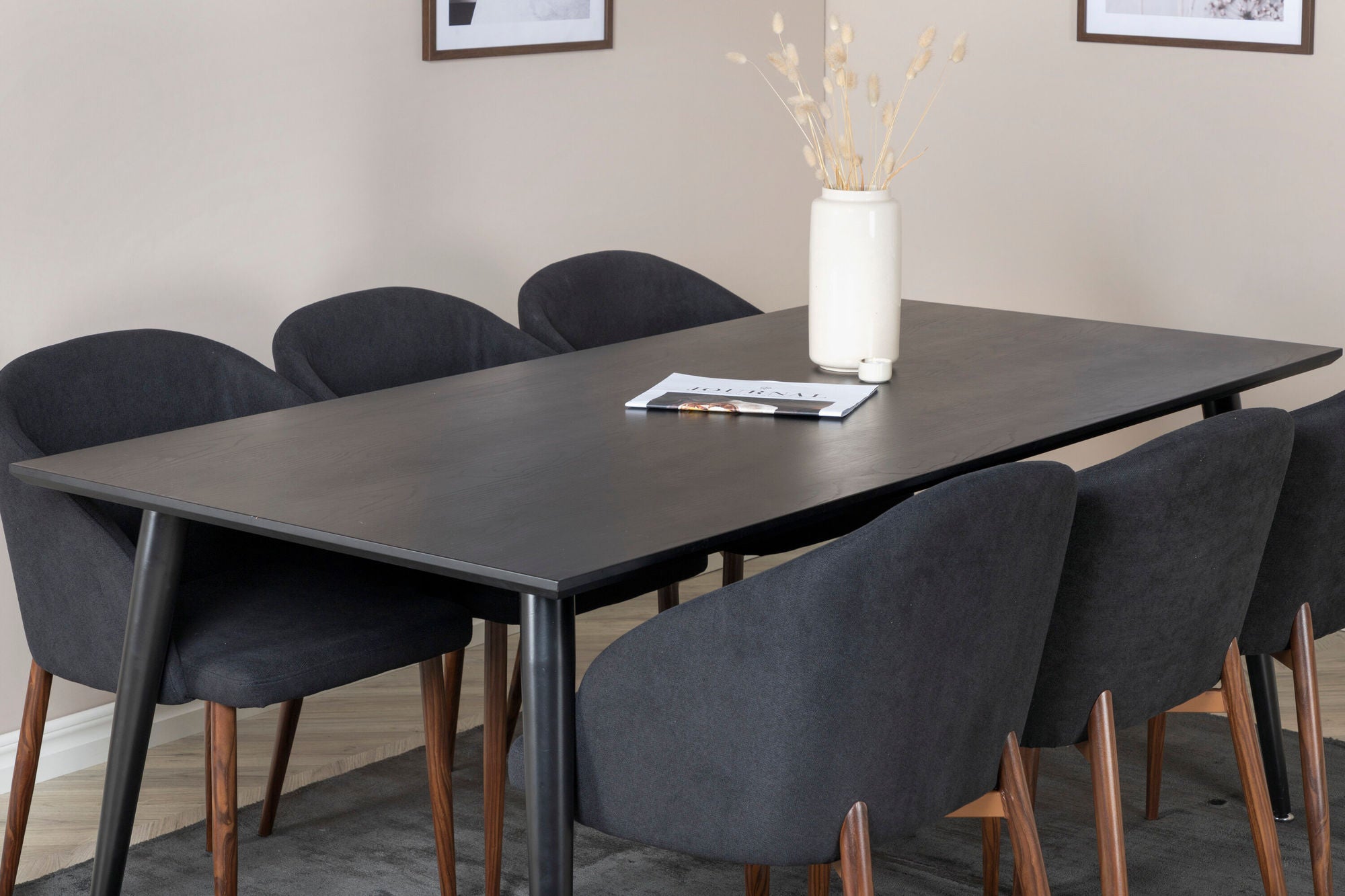Venture Home Dipp spisebord - 180*90cm - Black Veneer / all black legs +Arch Spisebordsstol - Walnut Legs - Black Fabric_6