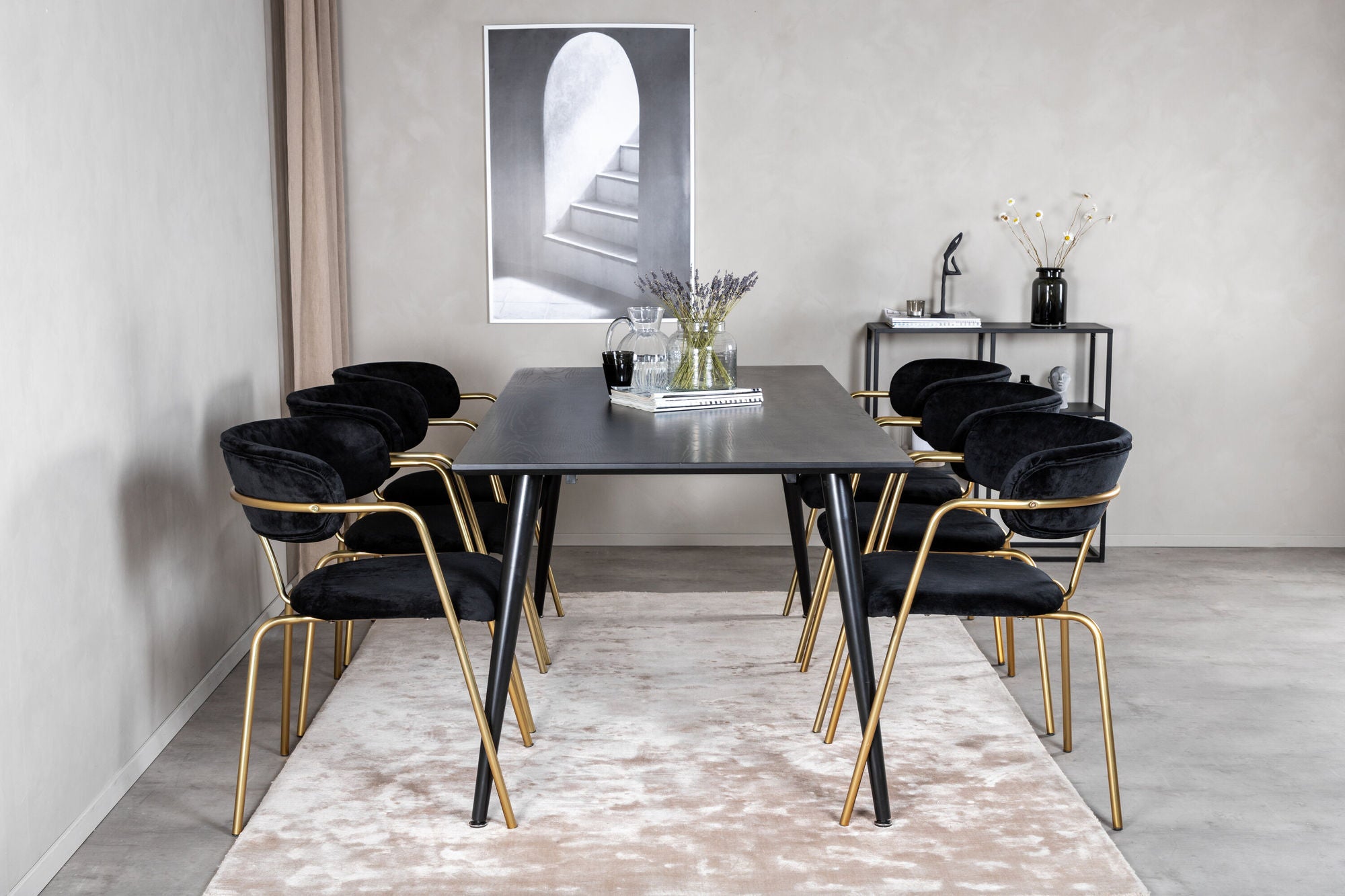 Venture Home Dipp spisebord - 180*90cm - Black Veneer / all black legs +Arrow armchair - Brass Legs - Black Velvet_6