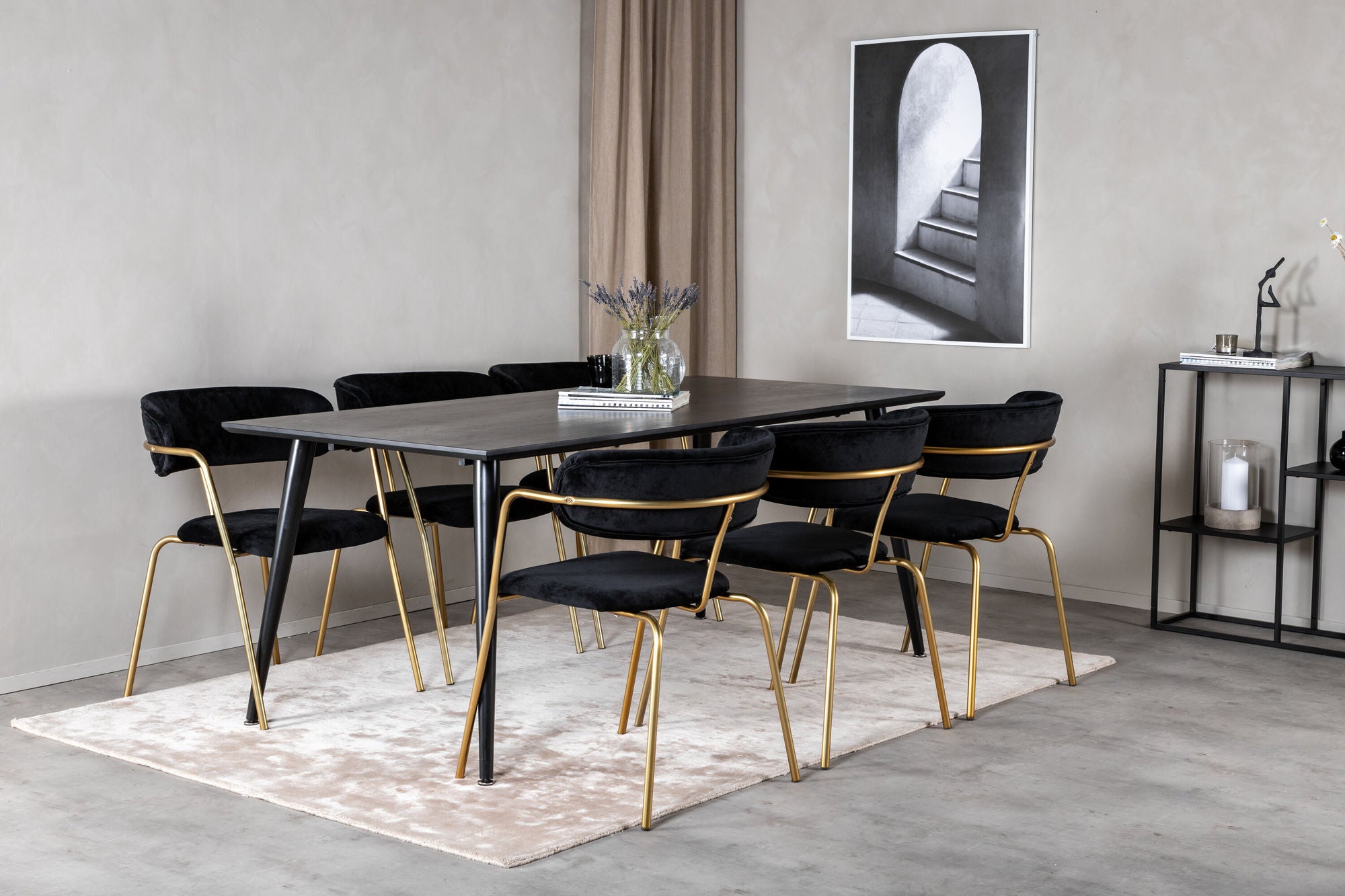 Venture Home Dipp spisebord - 180*90cm - Black Veneer / all black legs +Arrow armchair - Brass Legs - Black Velvet_6