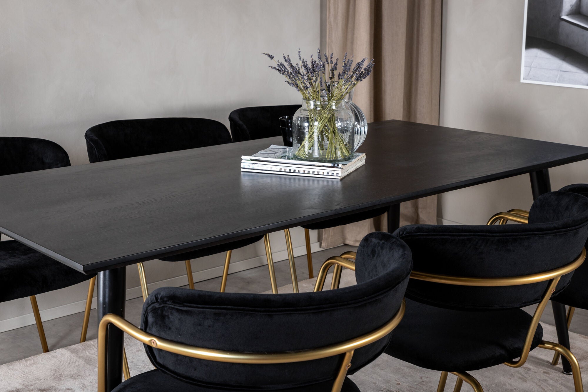 Venture Home Dipp spisebord - 180*90cm - Black Veneer / all black legs +Arrow armchair - Brass Legs - Black Velvet_6