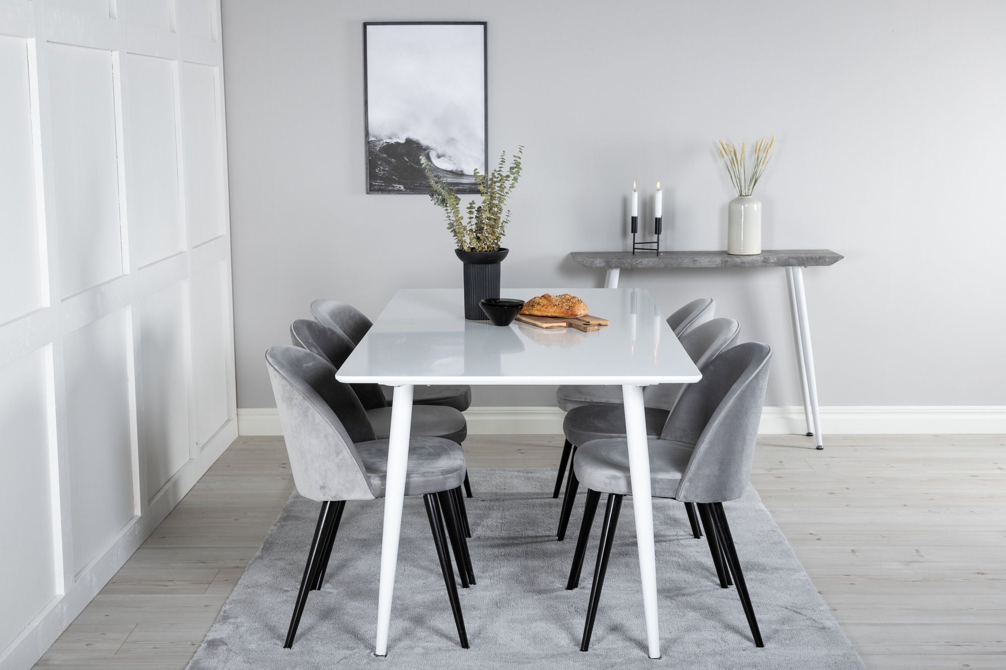 Venture Home Polar spisebord 180 cm - White top / White Legs+Velvet Spisebordsstol - Light Grey / Black_6
