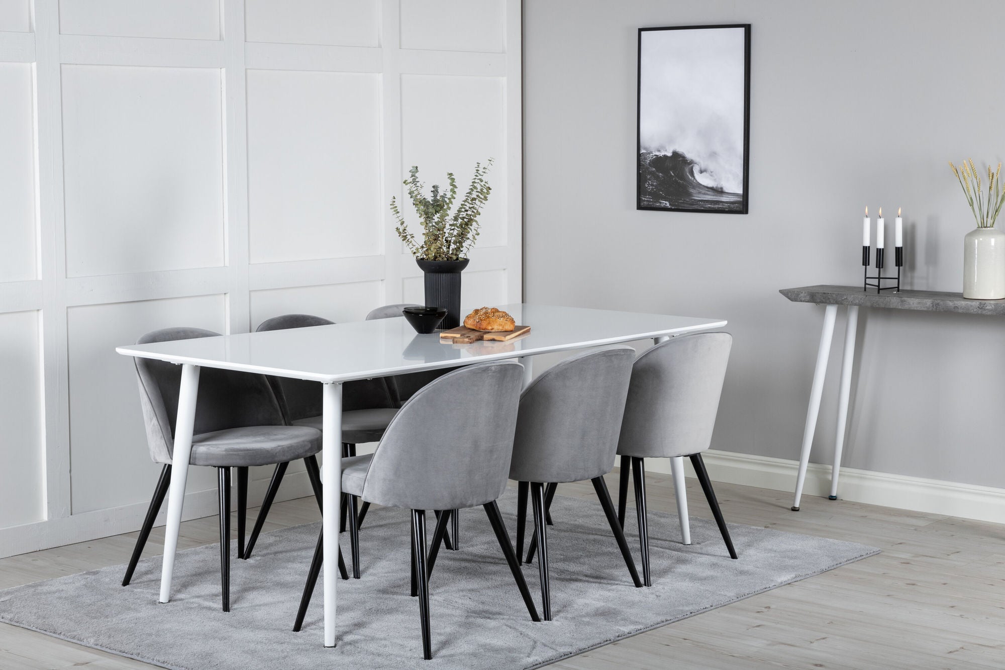 Venture Home Polar spisebord 180 cm - White top / White Legs+Velvet Spisebordsstol - Light Grey / Black_6