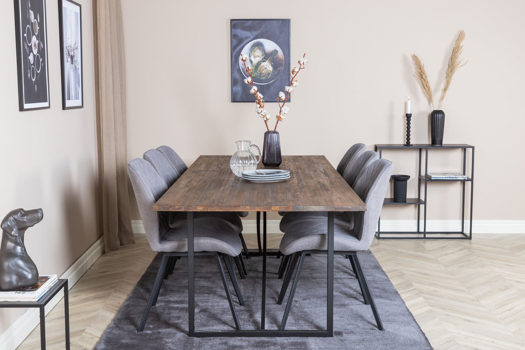 Venture Home Padang spisebord - 250*100*H76 - Dark Teak / Black+Gemma Spisebordsstol - Black Legs - Grey Fabric_6