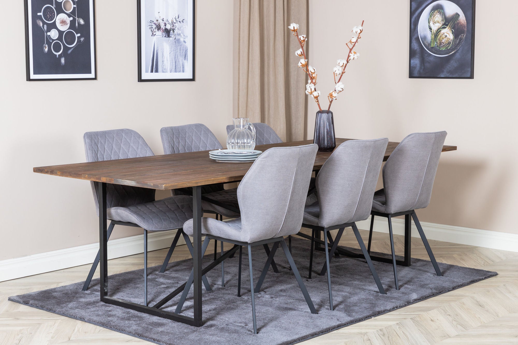 Venture Home Padang spisebord - 250*100*H76 - Dark Teak / Black+Gemma Spisebordsstol - Black Legs - Grey Fabric_6