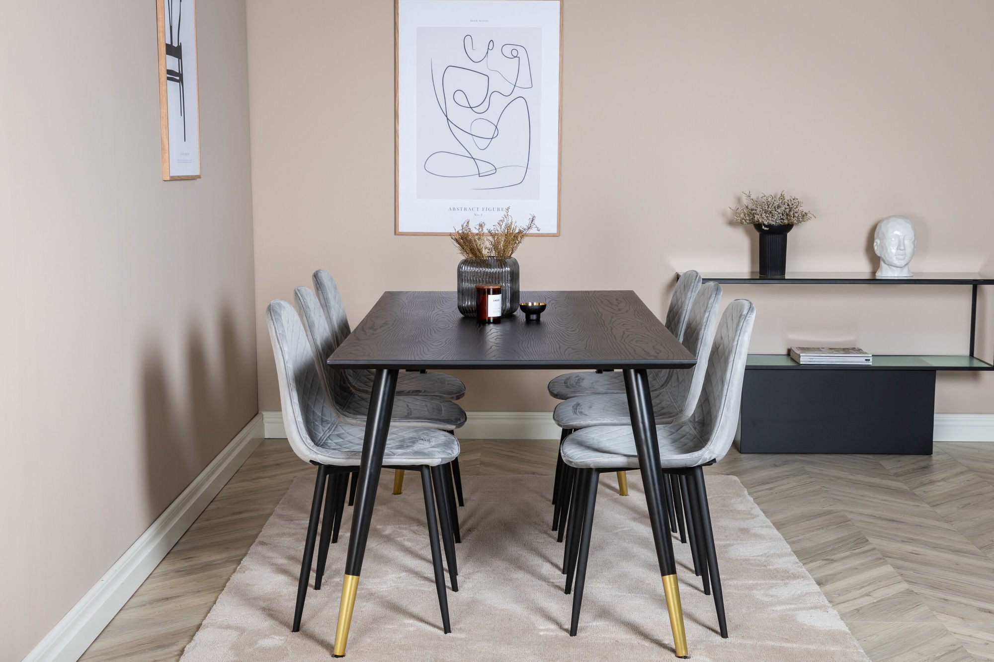 Venture Home Dipp spisebord - 180*90cm - Black / Black Brass+Polar Diamond Spisebordsstol - Black Legs - Grey Velvet_6