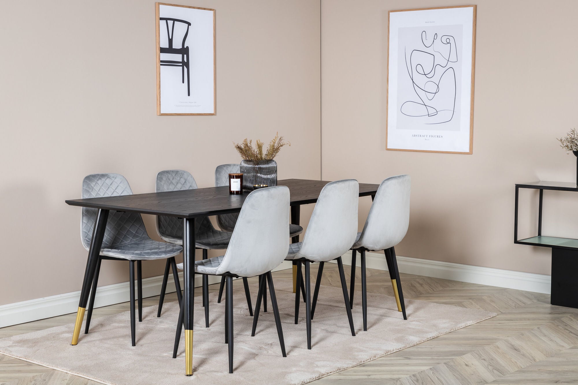 Venture Home Dipp spisebord - 180*90cm - Black / Black Brass+Polar Diamond Spisebordsstol - Black Legs - Grey Velvet_6