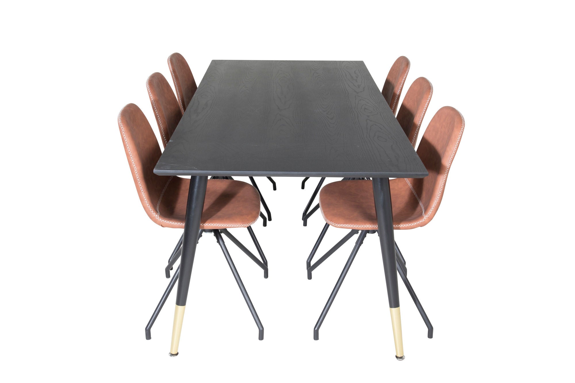 Venture Home Dipp spisebord - 180*90cm - Black / Black Brass+Polar Spisebordsstol with Spin function - black Legs - Brown PU - White Stitches_6