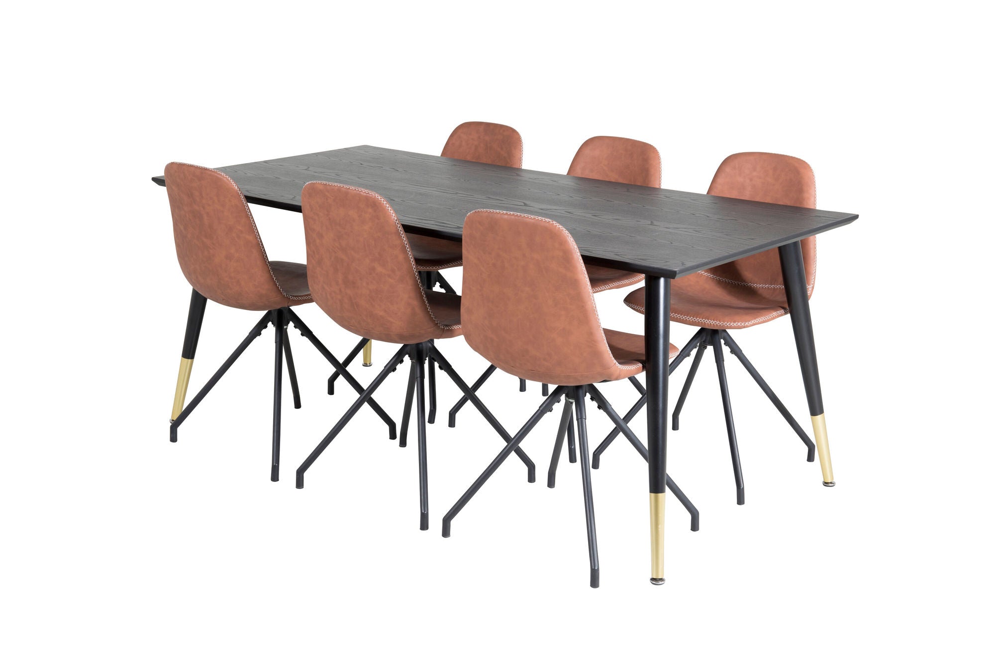 Venture Home Dipp spisebord - 180*90cm - Black / Black Brass+Polar Spisebordsstol with Spin function - black Legs - Brown PU - White Stitches_6