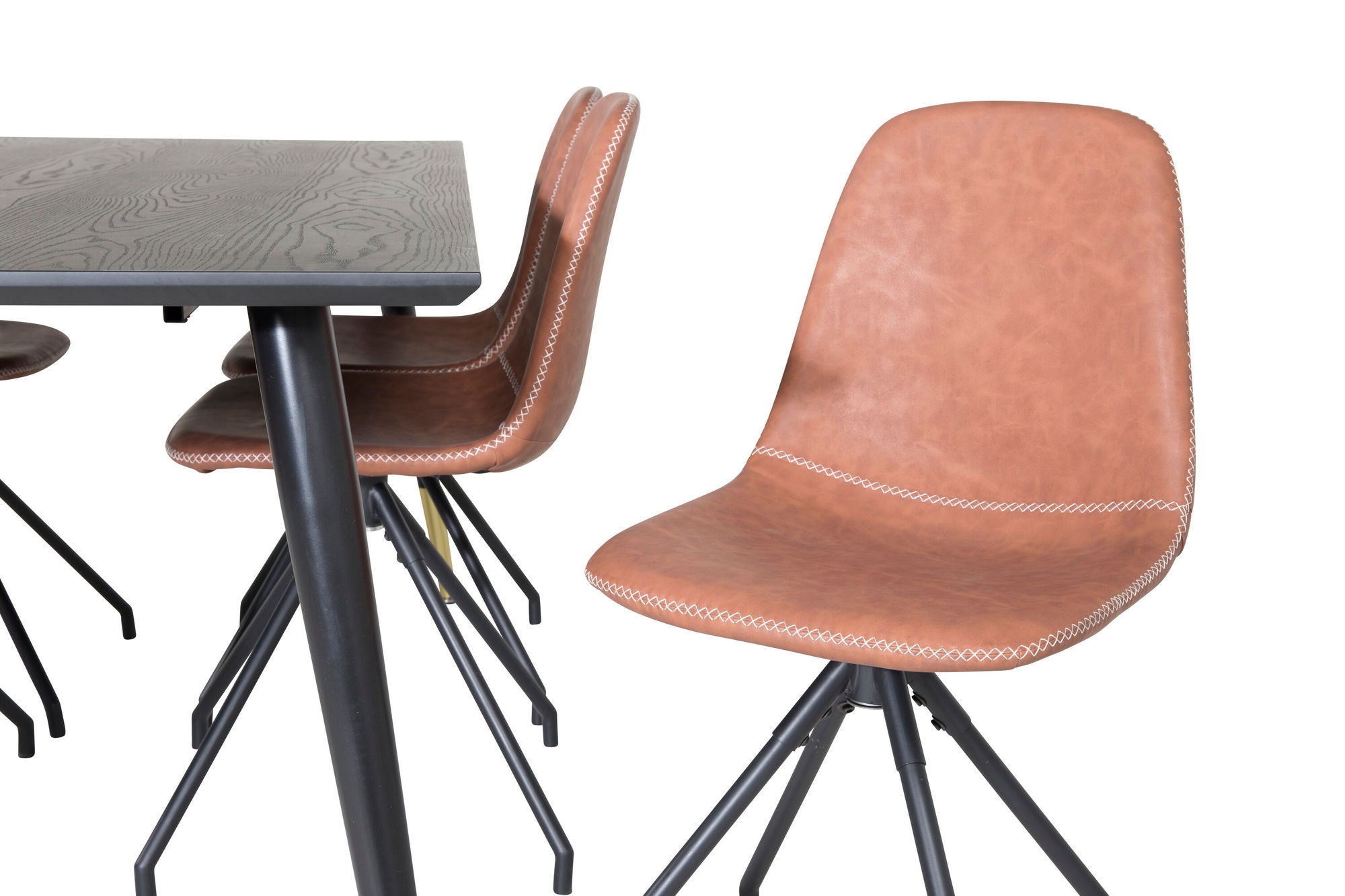 Venture Home Dipp spisebord - 180*90cm - Black / Black Brass+Polar Spisebordsstol with Spin function - black Legs - Brown PU - White Stitches_6