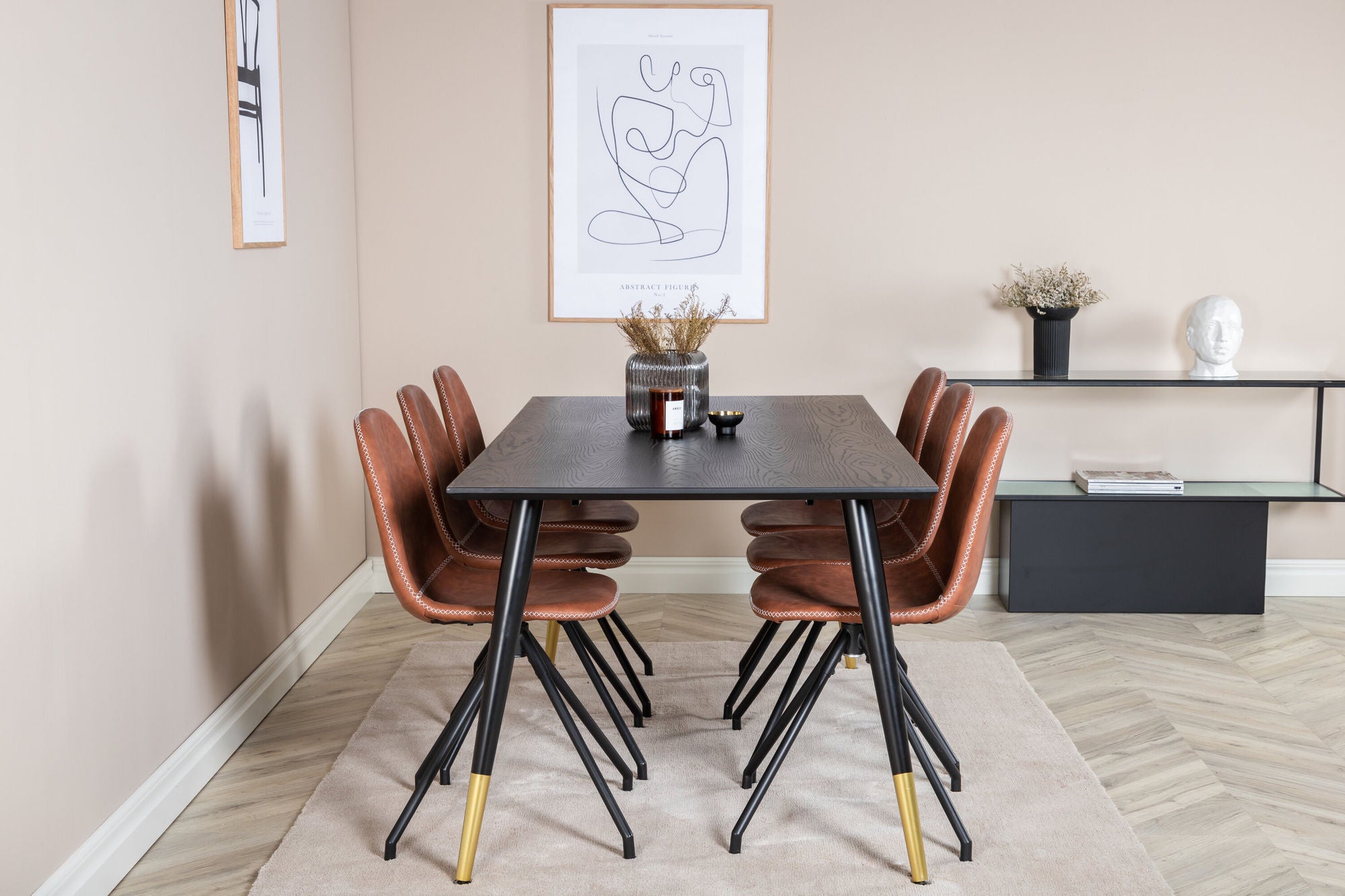 Venture Home Dipp spisebord - 180*90cm - Black / Black Brass+Polar Spisebordsstol with Spin function - black Legs - Brown PU - White Stitches_6