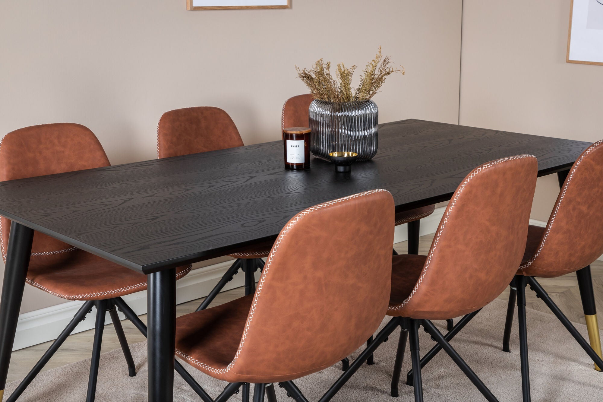 Venture Home Dipp spisebord - 180*90cm - Black / Black Brass+Polar Spisebordsstol with Spin function - black Legs - Brown PU - White Stitches_6