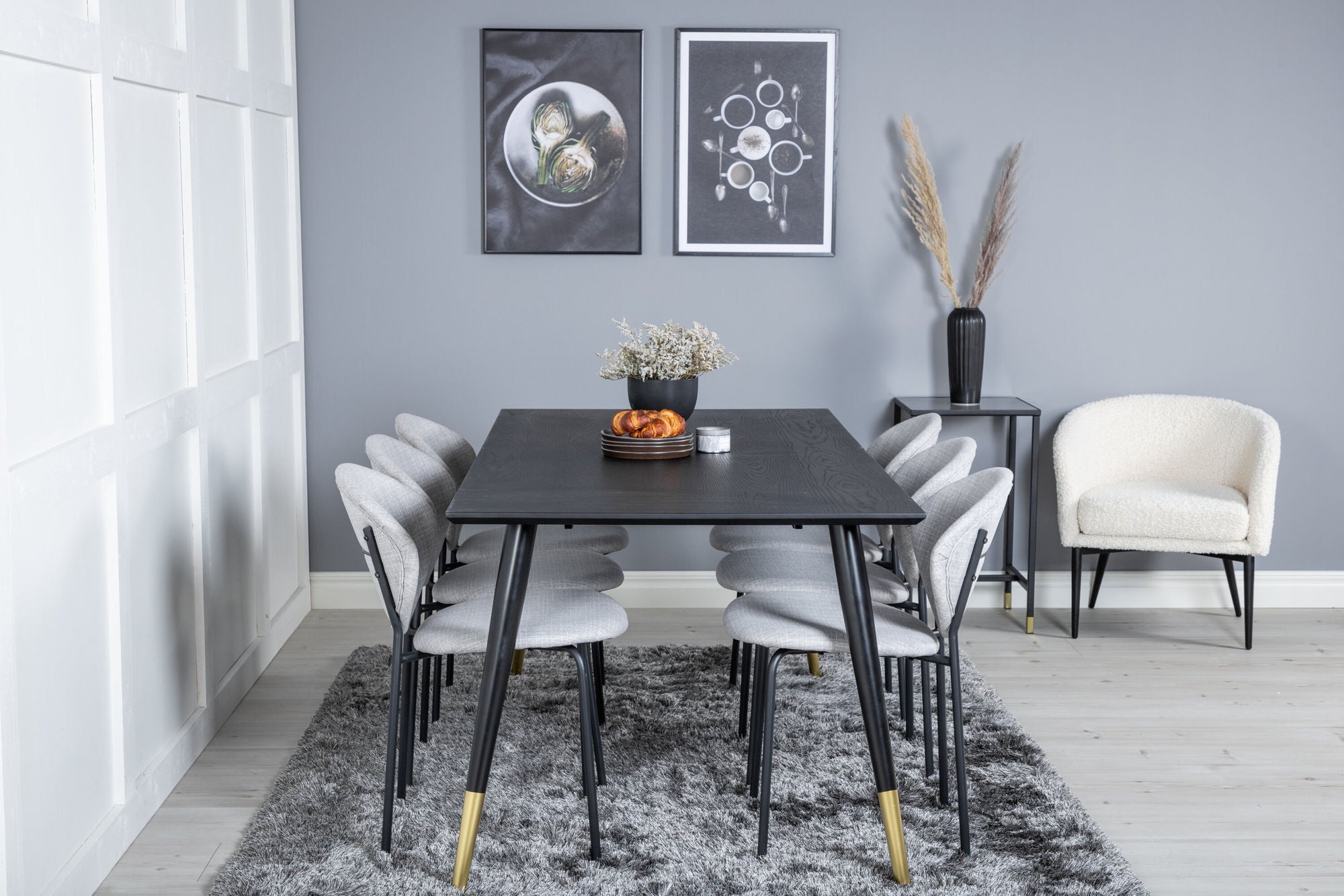 Venture Home Dipp spisebord - 180*90cm - Black / Black Brass+Vault Spisebordsstol - Black Legs - Grey Fabric_6