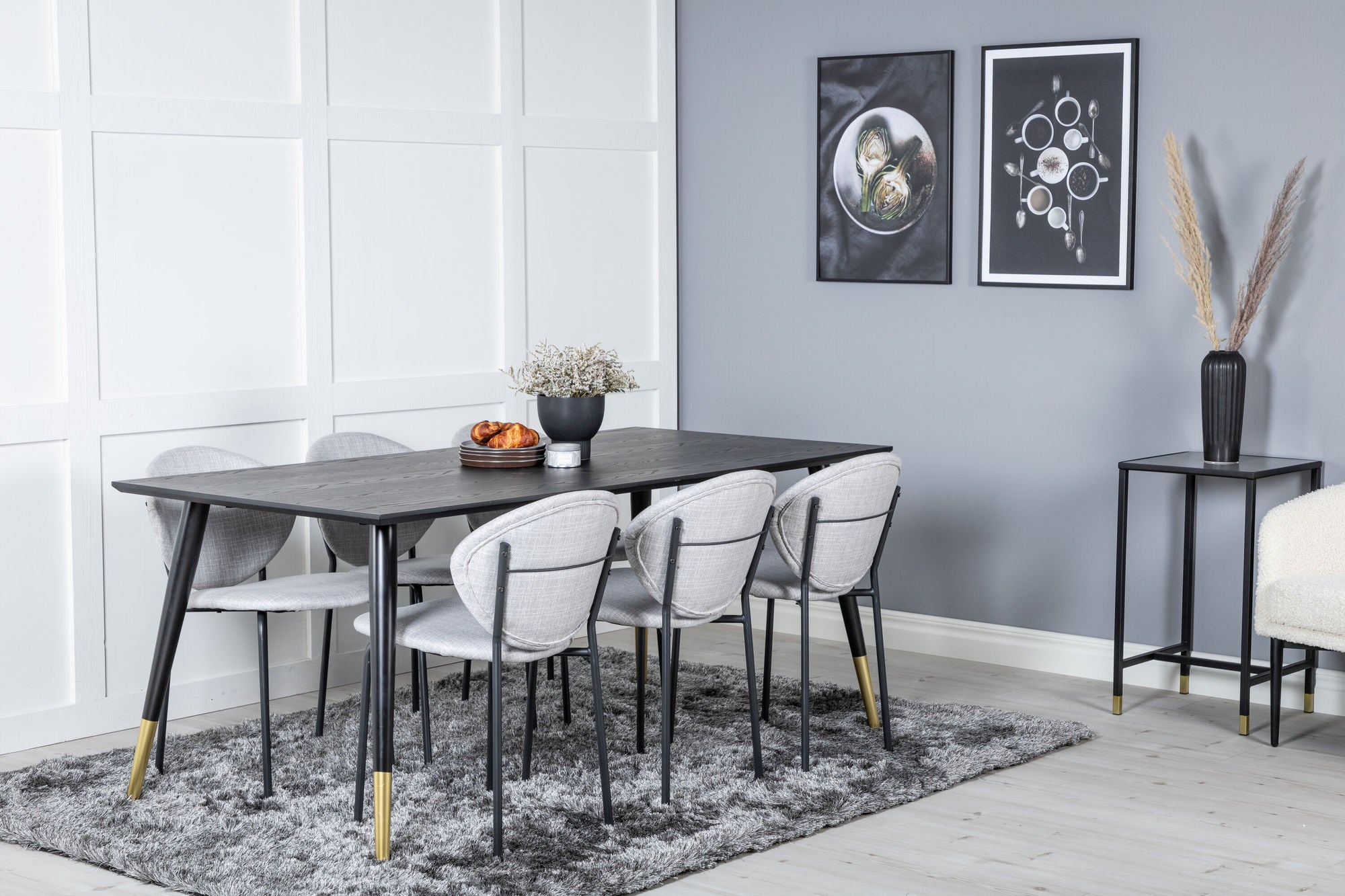 Venture Home Dipp spisebord - 180*90cm - Black / Black Brass+Vault Spisebordsstol - Black Legs - Grey Fabric_6
