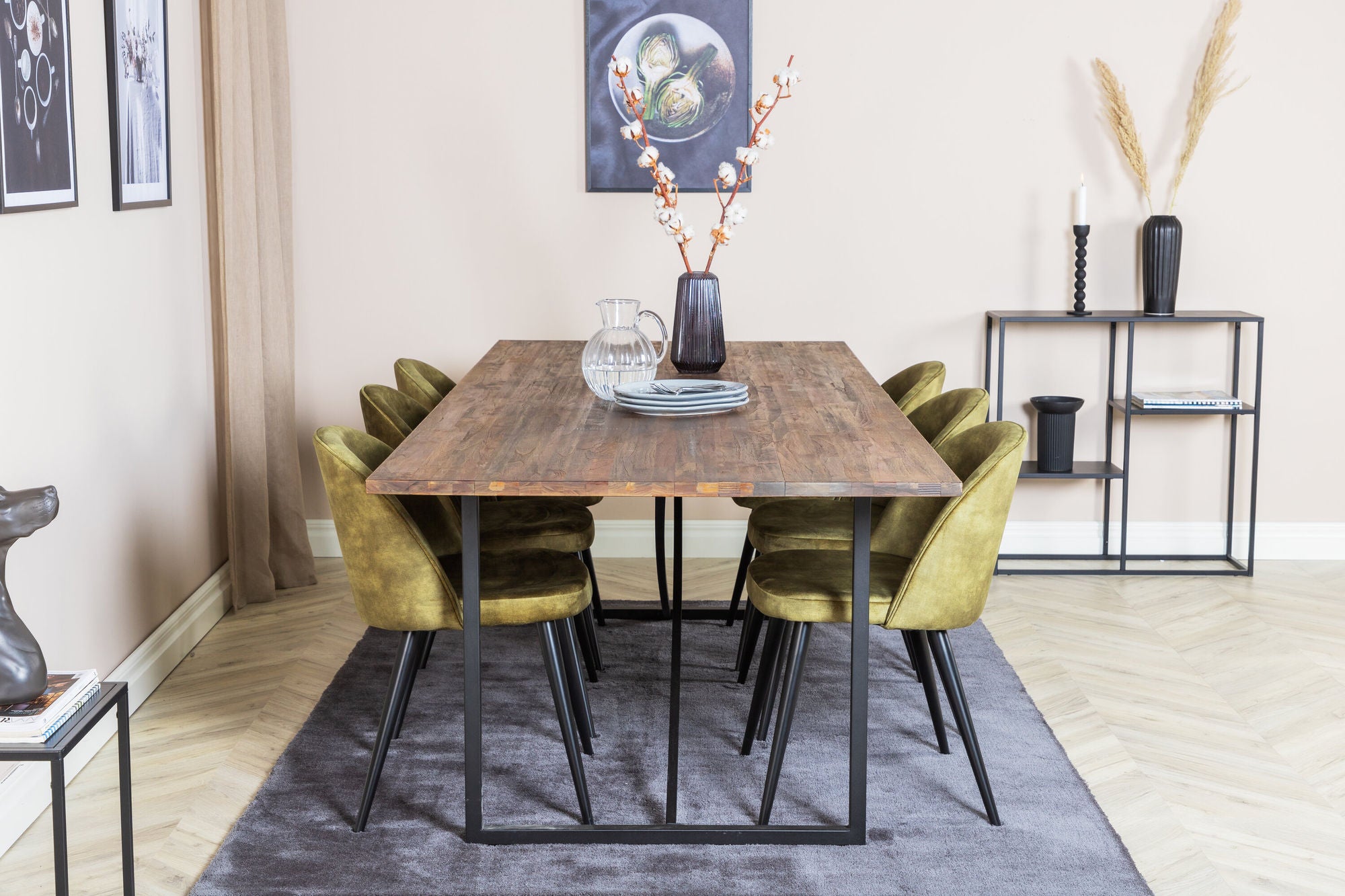 Venture Home Padang spisebord - 250*100*H76 - Dark Teak / Black+Velvet Dining Chiar - Black legs - Dusty Green Velvet_6